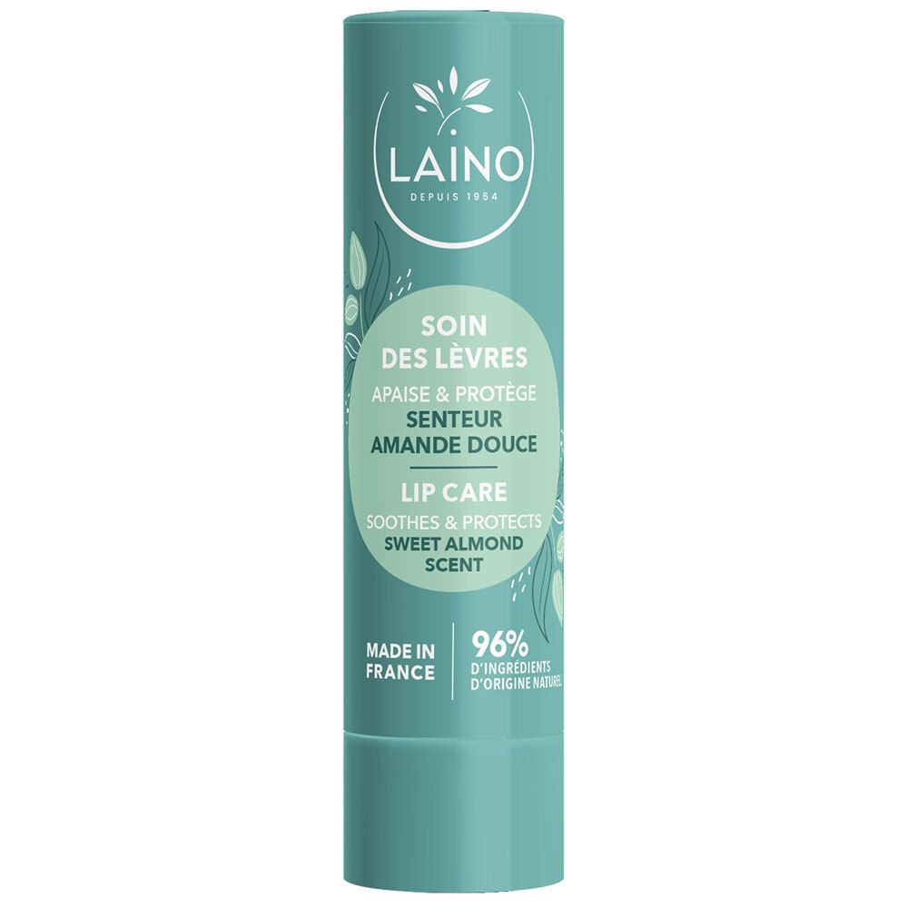 Stick de soin des lèvres. Étui turquoise avec impression blanche. Contient 96% d'ingrédients naturels. Marque Laino.
