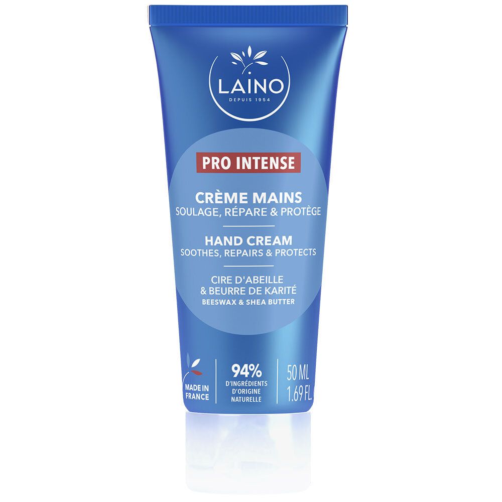 Tube bleu de crème mains LAINO Pro Intense. Contient 50 ml. 94% d'ingrédients d'origine naturelle.