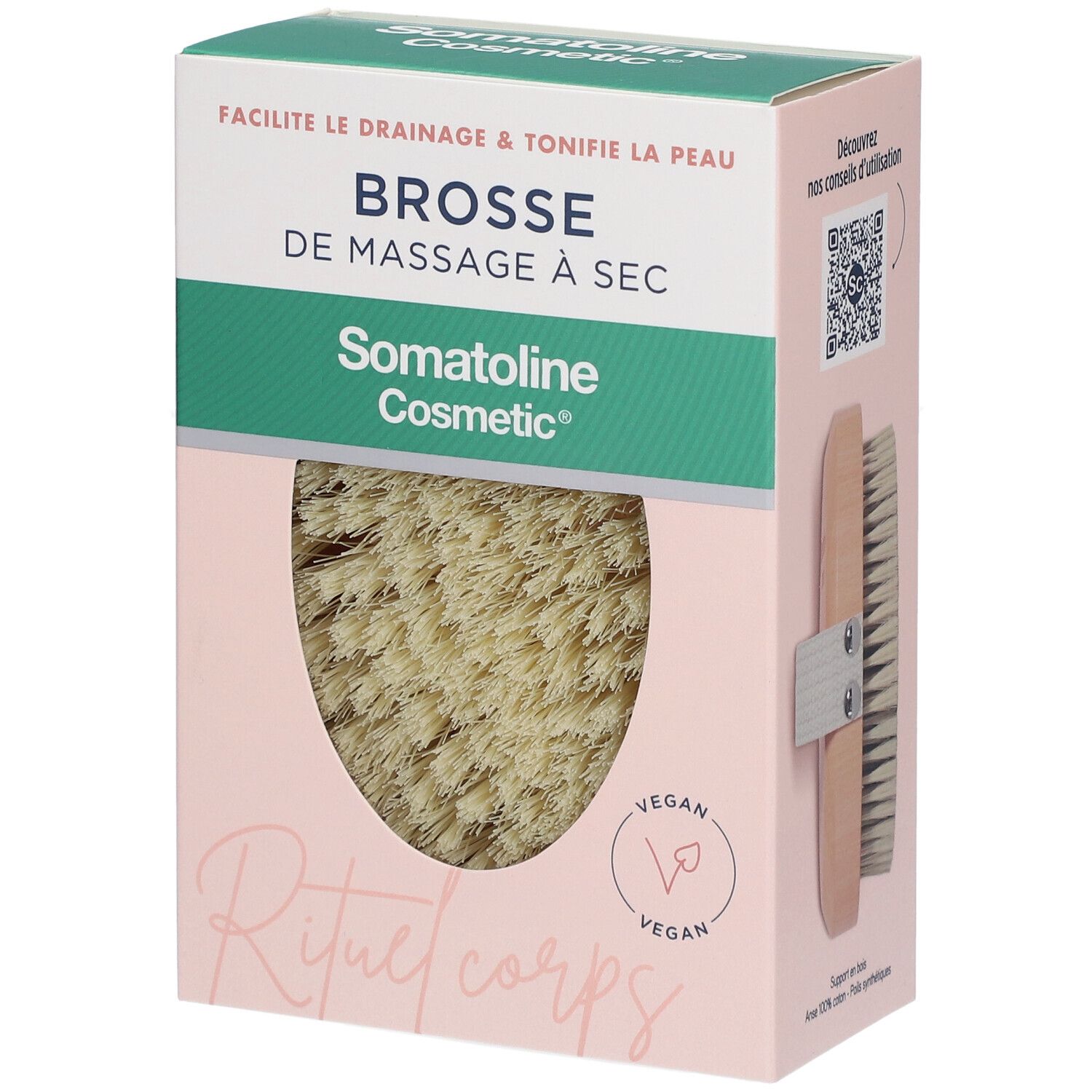 Boîte Somatoline Cosmetic® Brosse de Massage à Sec. Rose et blanche, avec image du produit et texte. Logo Vegan.