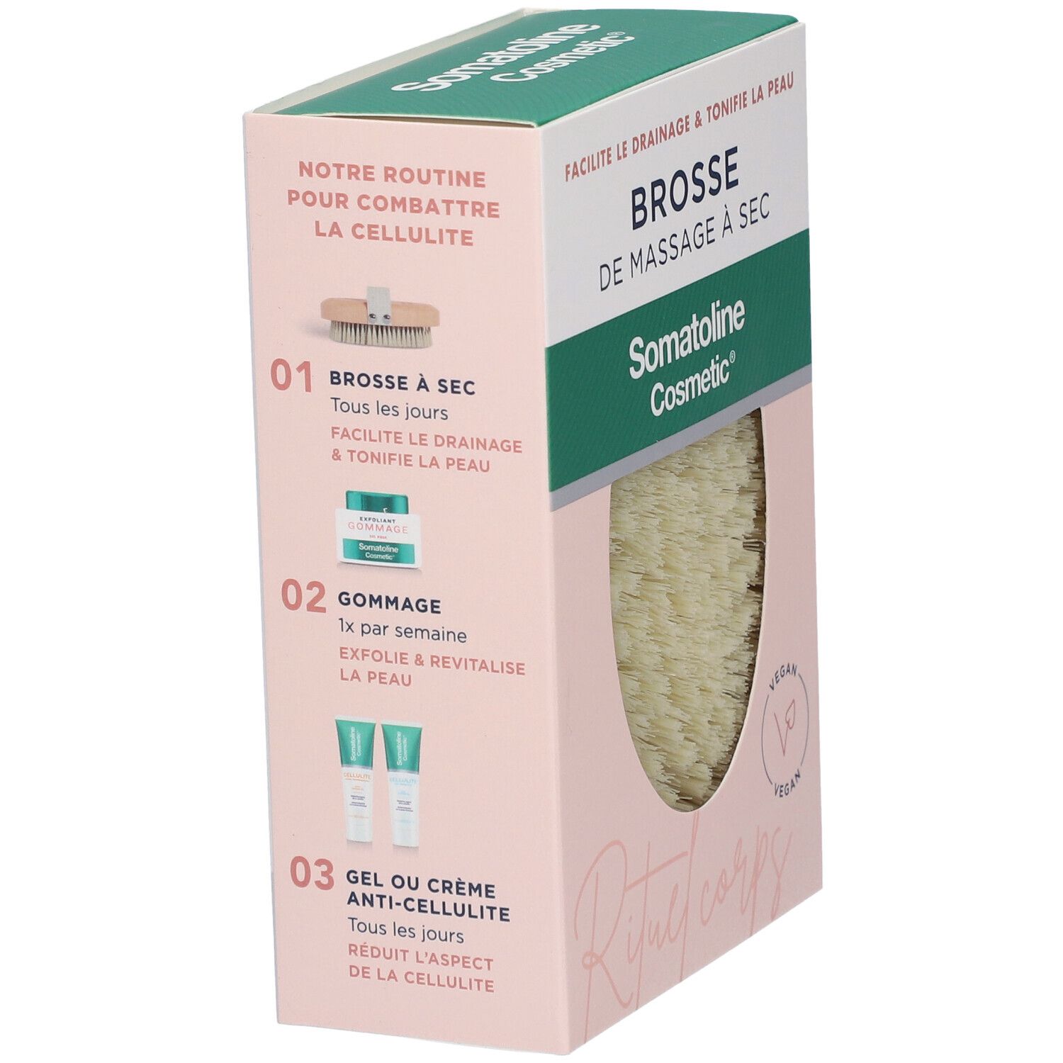 Boîte Somatoline Cosmetic® Brosse de Massage à Sec. Rose et blanche, avec image du produit et texte. Logo Vegan.