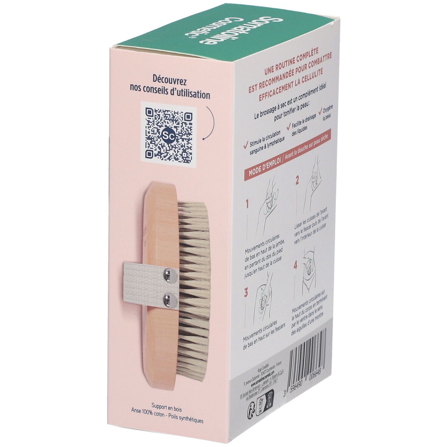 Boîte Somatoline Cosmetic® Brosse de Massage à Sec. Rose et blanche, avec image du produit et texte. Logo Vegan.