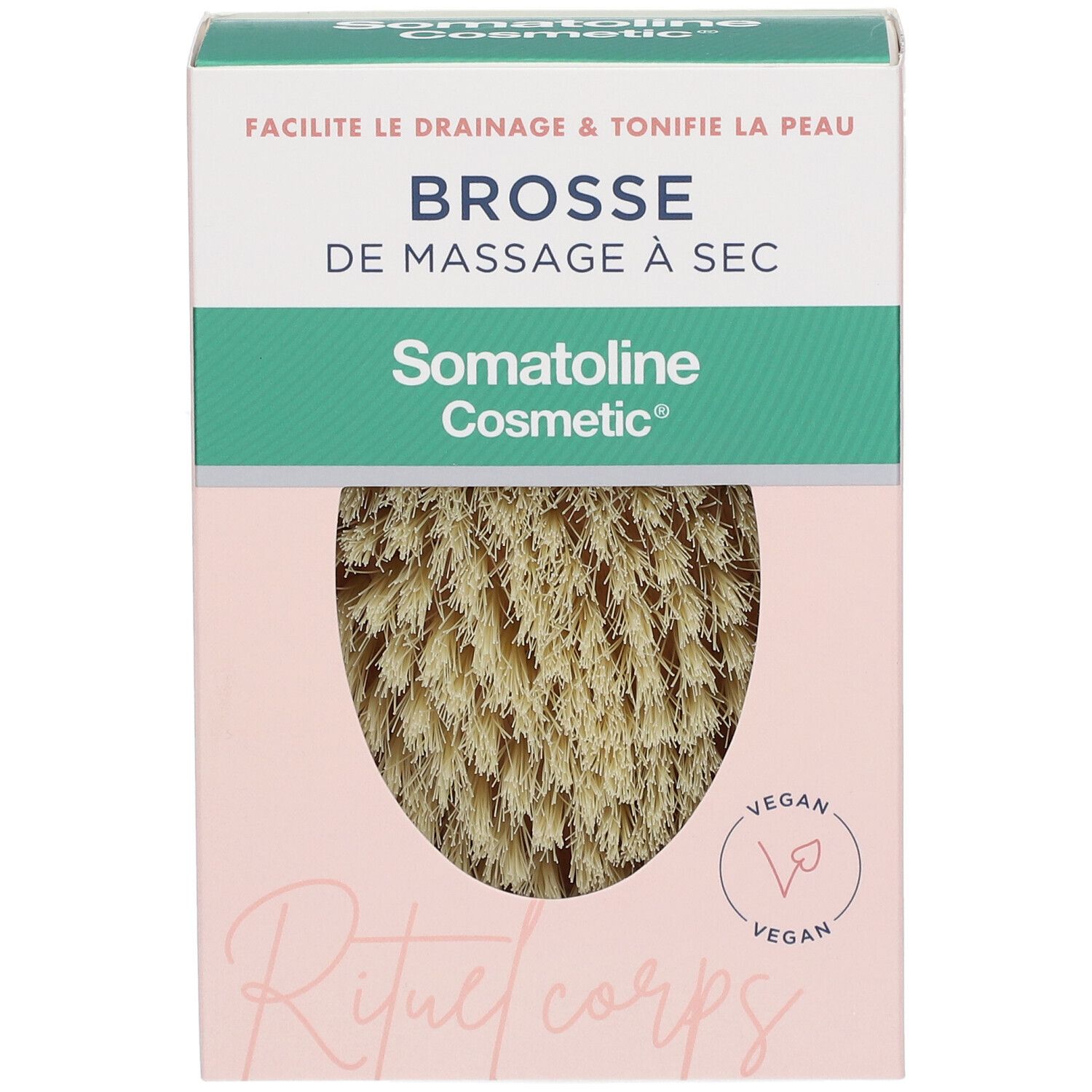 Boîte Somatoline Cosmetic® Brosse de Massage à Sec. Rose et blanche, avec image du produit et texte. Logo Vegan.