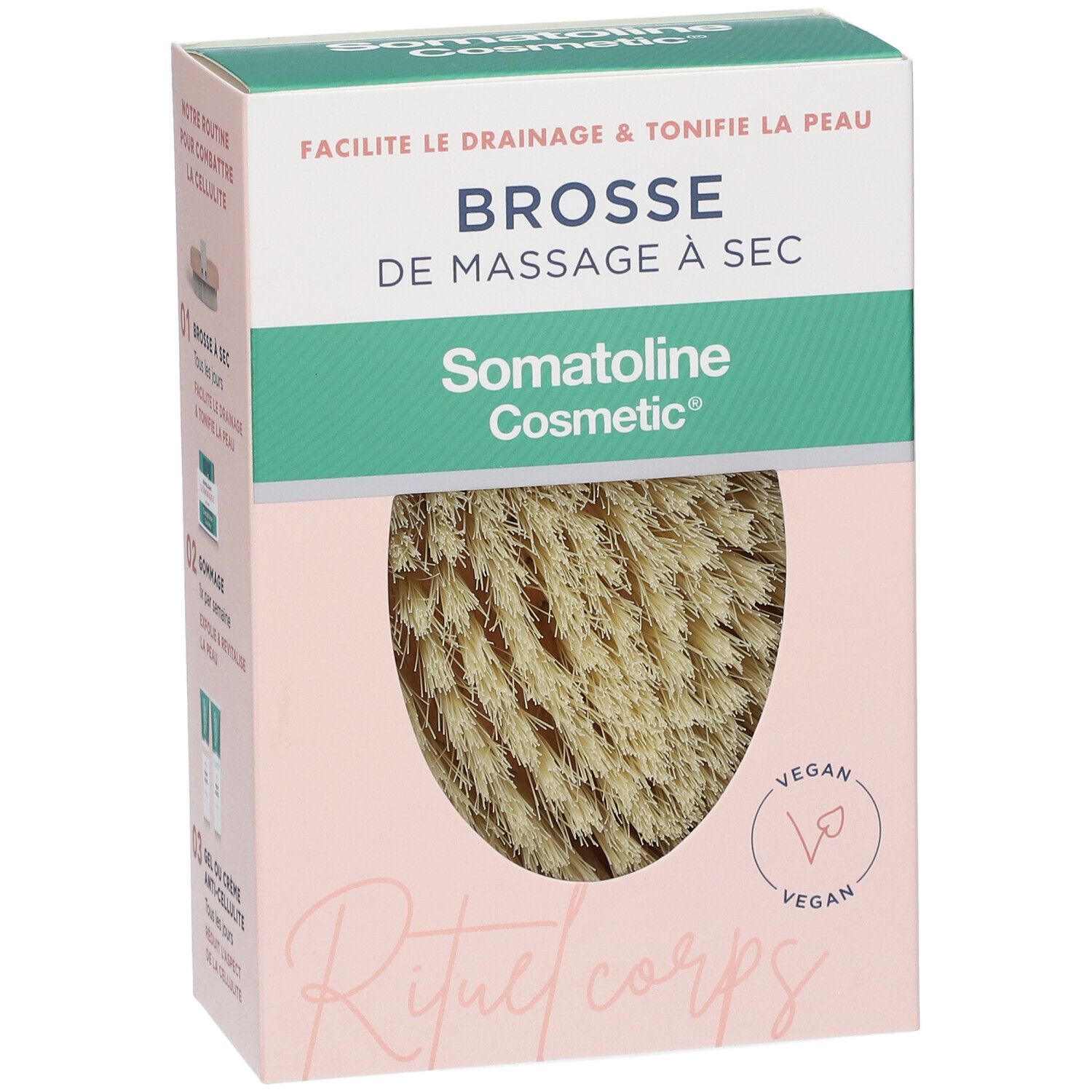 Boîte Somatoline Cosmetic® Brosse de Massage à Sec. Rose et blanche, avec image du produit et texte. Logo Vegan.