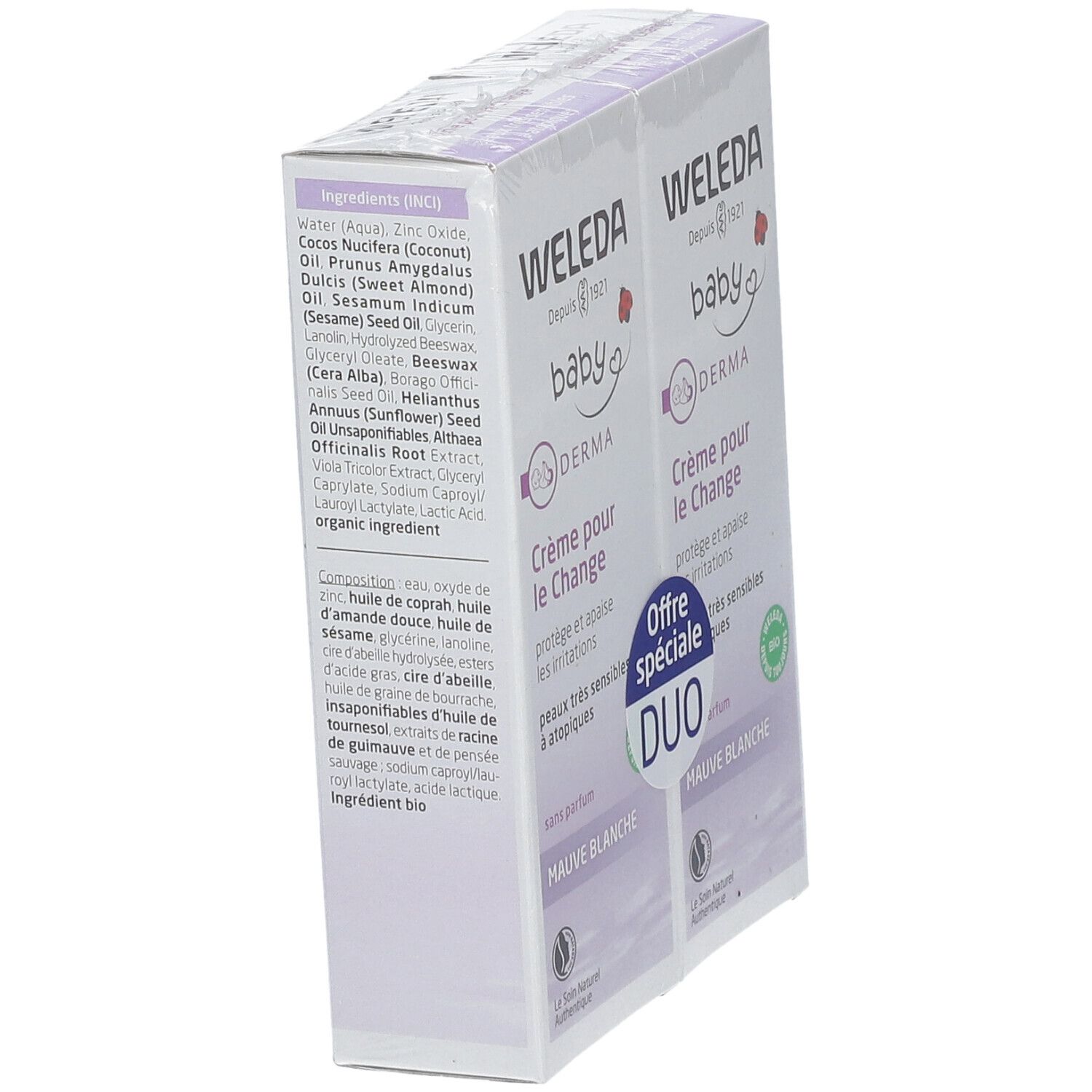 Deux boîtes de WELEDA Baby Derma Crème pour le Change. Dos avec ingrédients et texte. Duo.