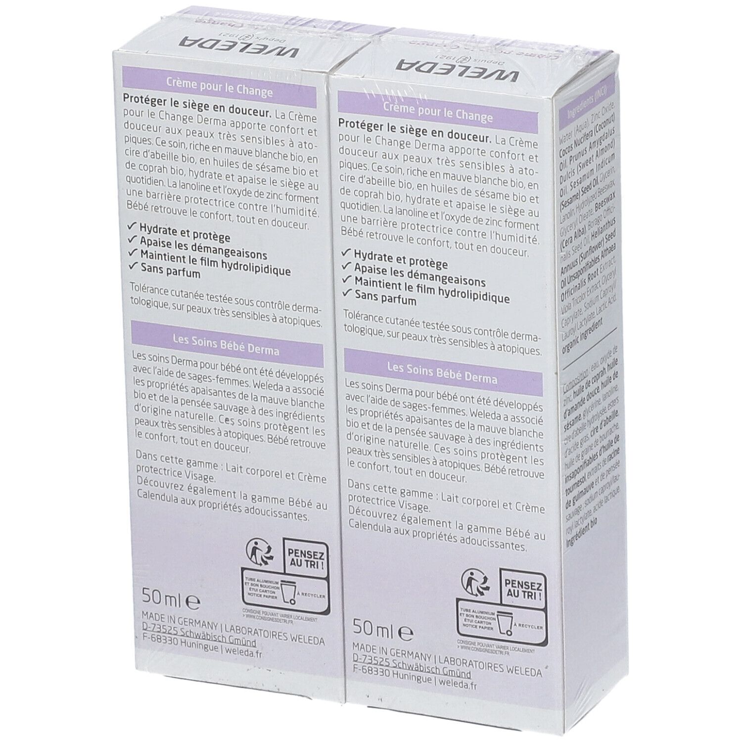 Dos de deux boîtes de WELEDA Baby Derma Crème pour le Change. Texte: 50ml, Les Soins Bébé Derma.