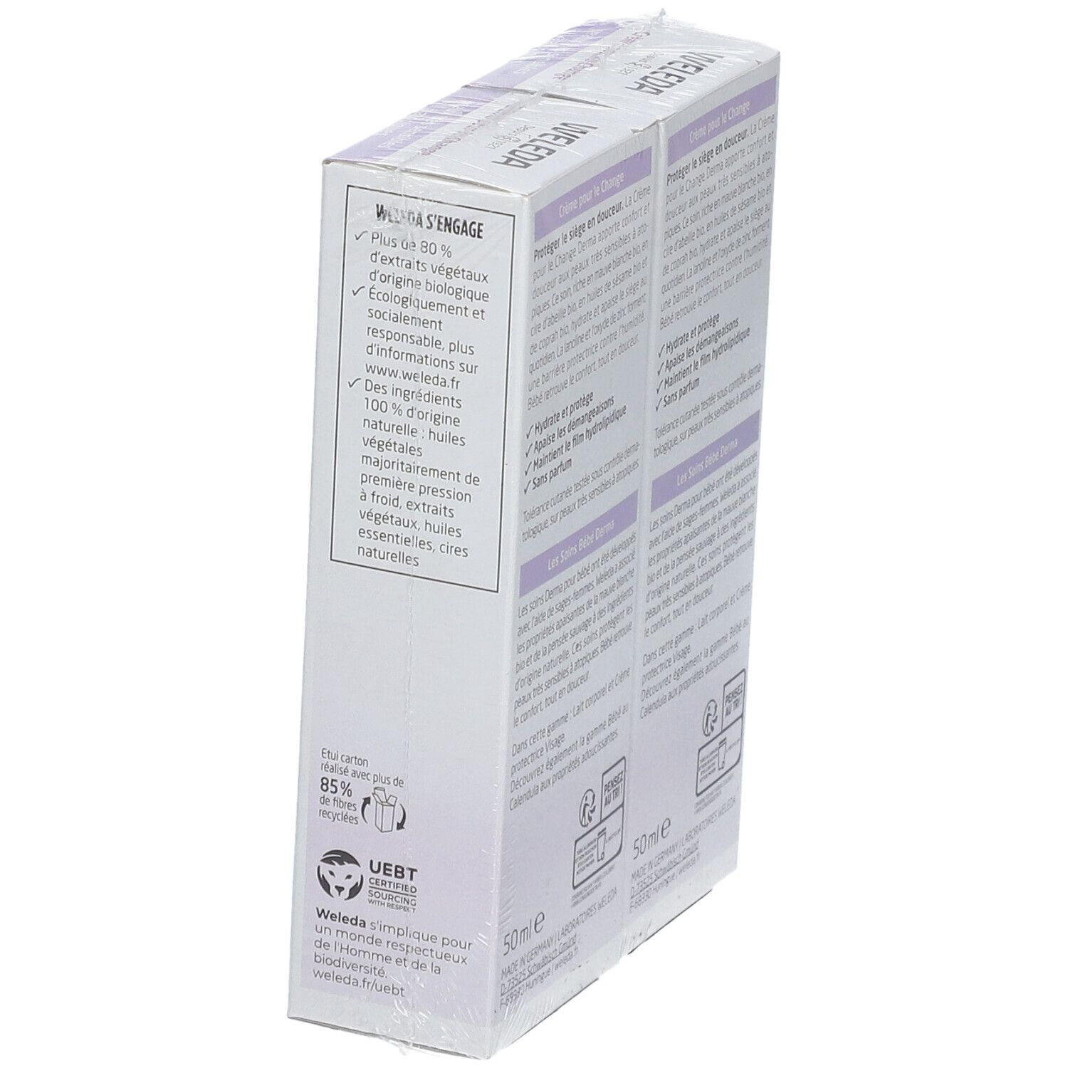 Deux boîtes de WELEDA Baby Derma Crème pour le Change. Côté avec texte et logo. Certification UEBT.