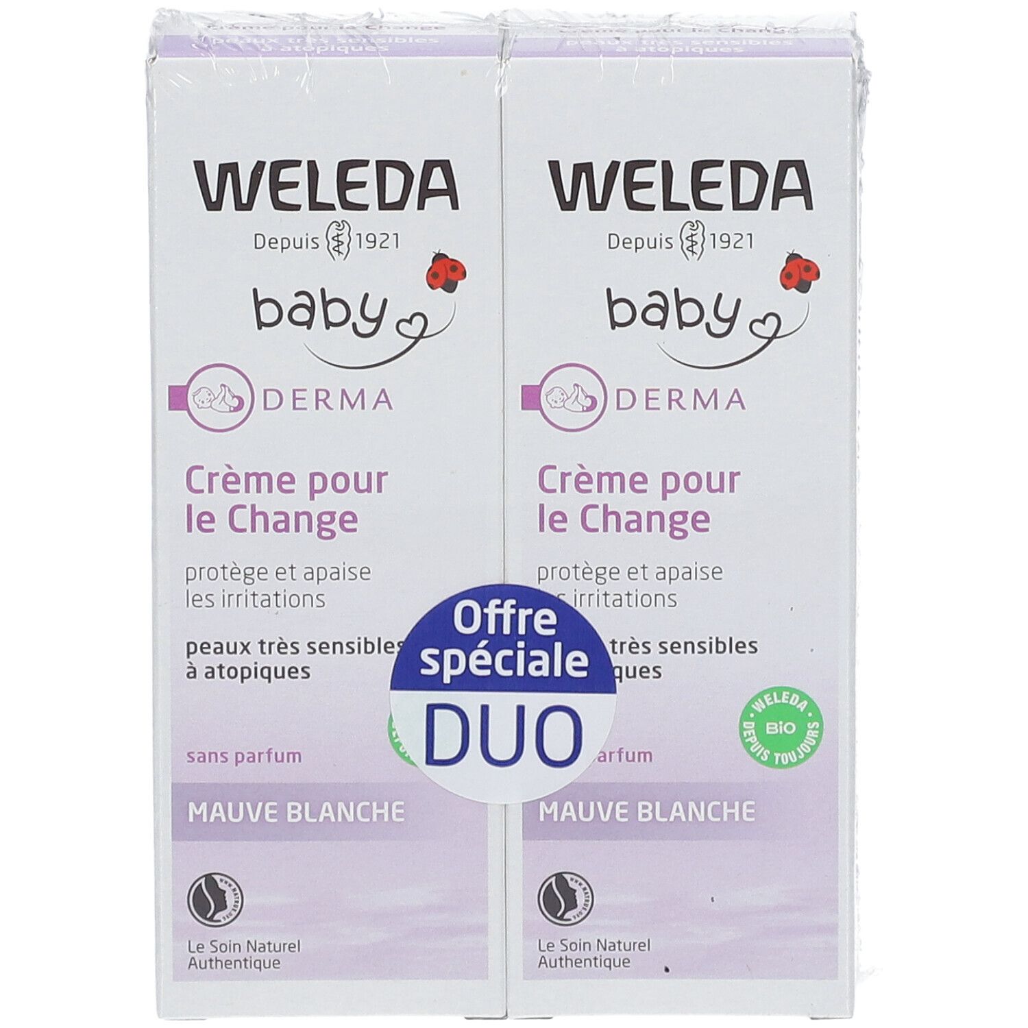 Deux boîtes de WELEDA Baby Derma Crème pour le Change. Face avec logo et texte. Duo.