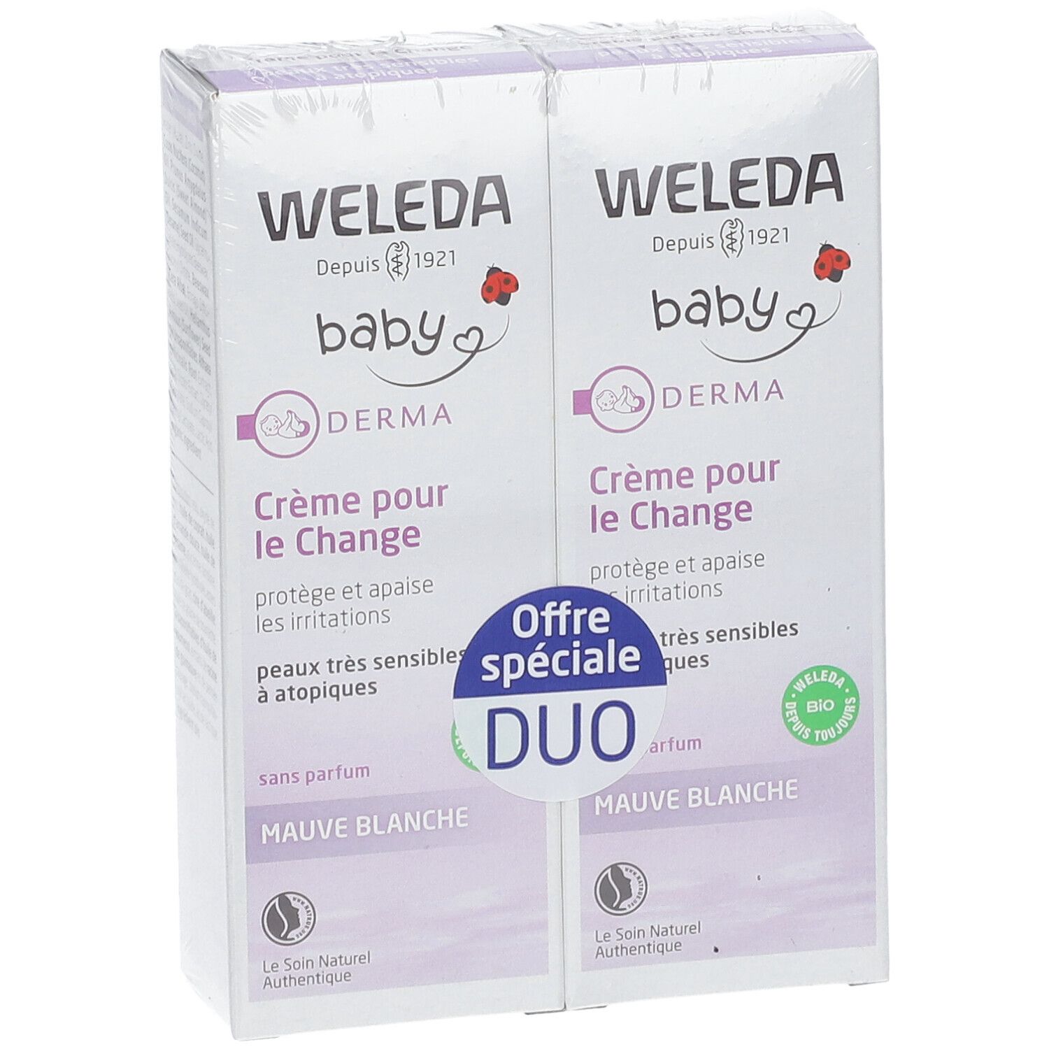 Deux boîtes de WELEDA Baby Derma Crème pour le Change. Face avec logo et texte. Duo.