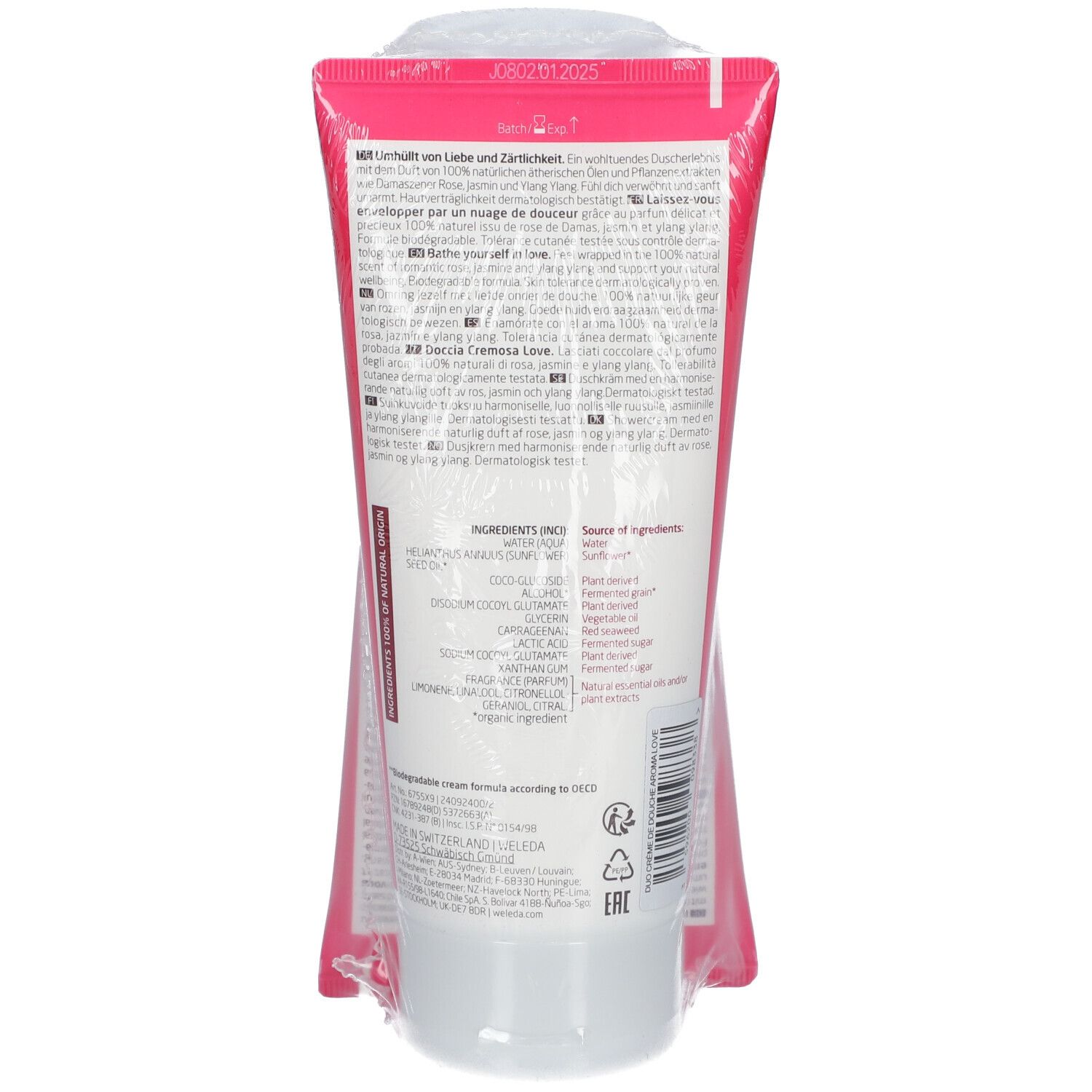 Tube de crème sous film. Dos avec texte et ingrédients. Couleurs rose et blanc. Code EAN et certifications.