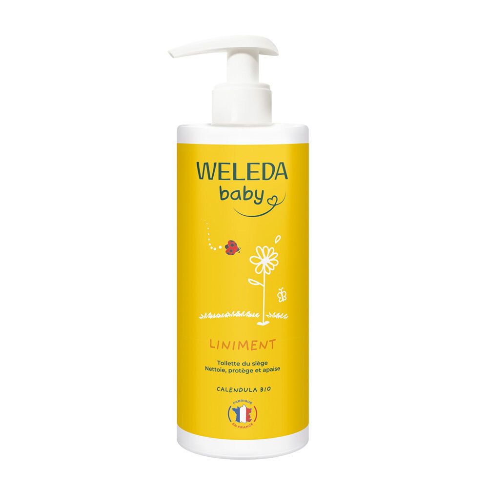 Flacon jaune avec pompe. Inscription: WELEDA baby, LINIMENT, Calendula BIO. Drapeau français.