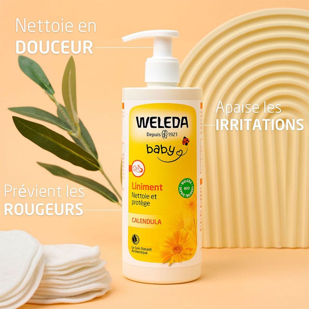 Flacon jaune WELEDA baby LINIMENT. Texte: Nettoie en DOUCEUR, Apaise les IRRITATIONS, Prévient les ROUGEURS. Feuilles et cotons.
