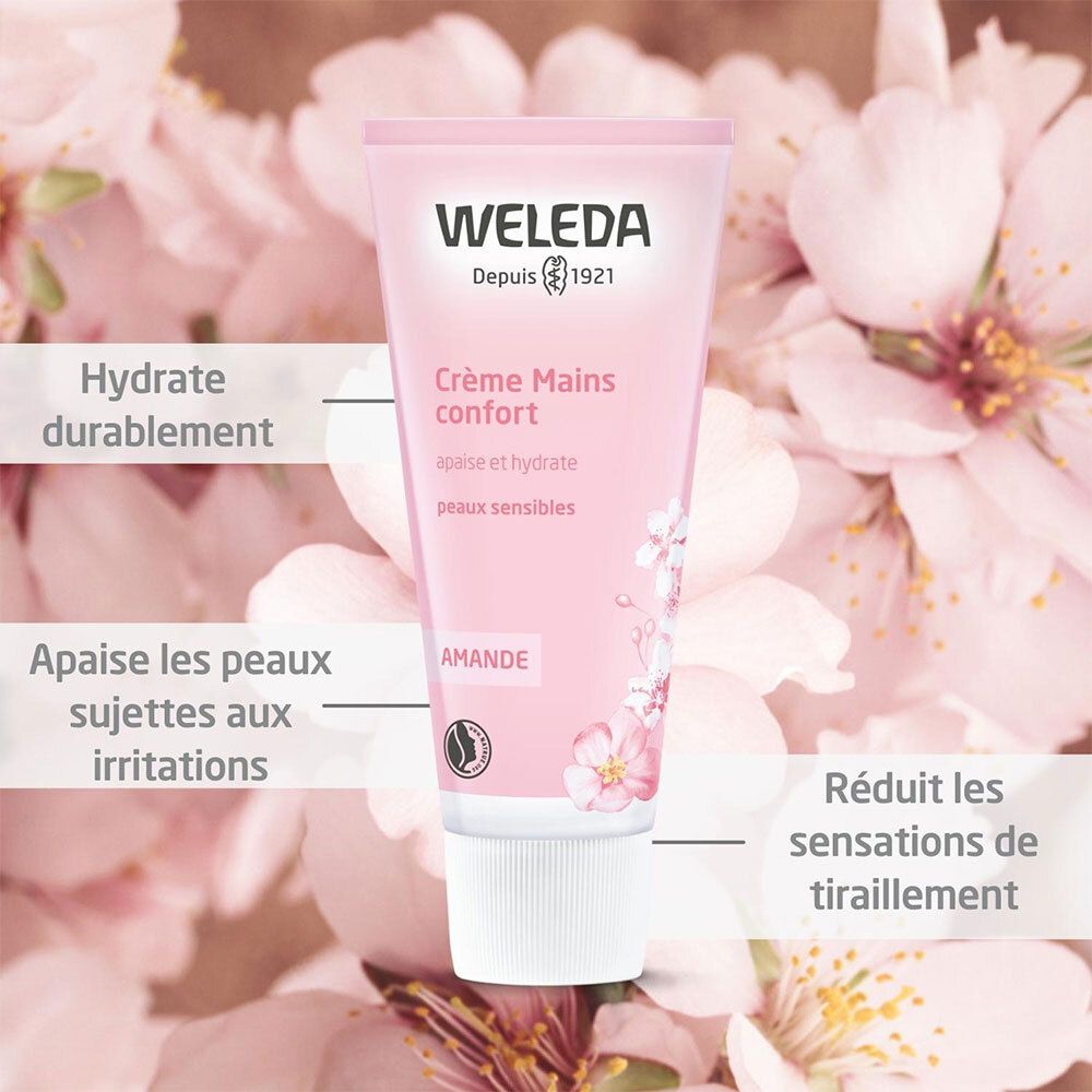 Tube rose avec bouchon blanc. Inscription : WELEDA, Crème Mains confort, Amande. Fond : fleurs roses.