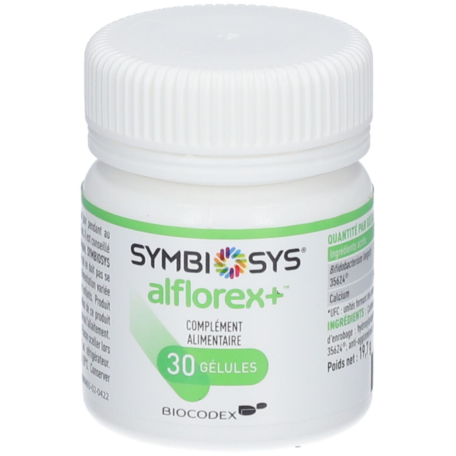 Flacon blanc avec étiquette verte. Inscription : SYMBIOSYS Alflorex+, 30 gélules. Contient Bifidobacterium longum 35624.