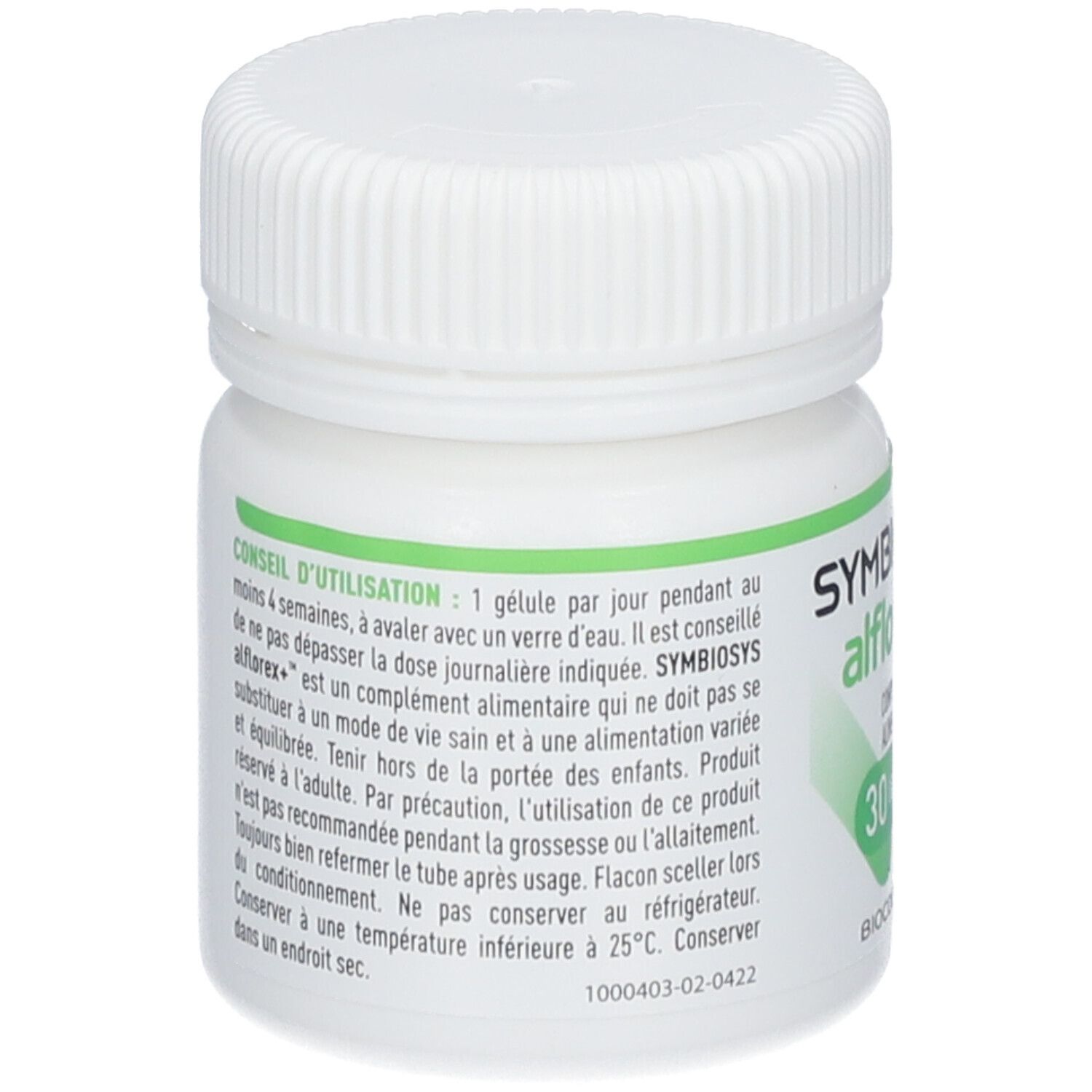 Flacon blanc avec étiquette verte. Texte : Conseils d'utilisation. SYMBIOSYS Alflorex+. Contient des informations sur l'utilisation et le stockage.