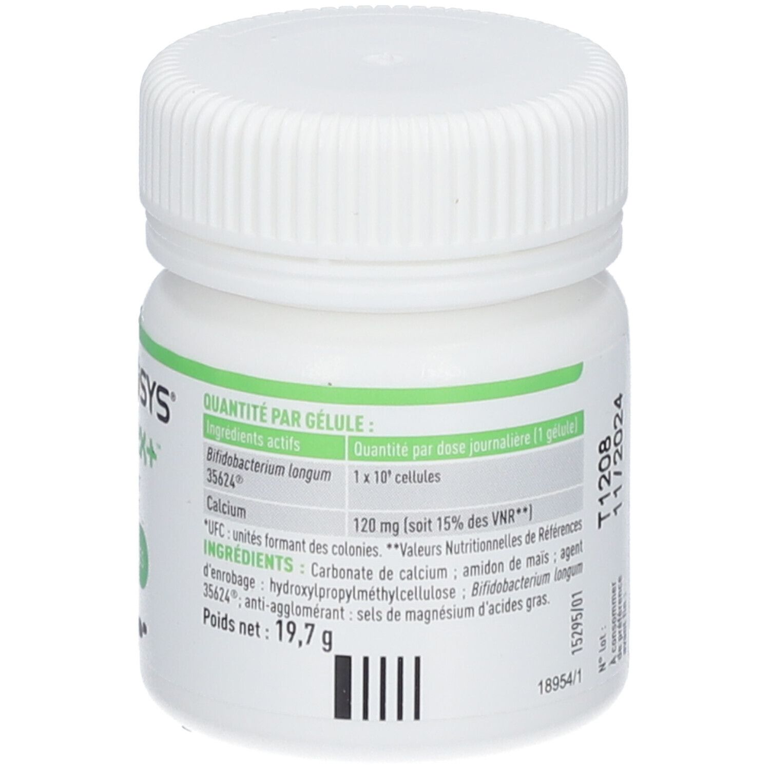 Flacon blanc avec étiquette verte. Texte : Ingrédients. SYMBIOSYS Alflorex+. Contient des informations sur les ingrédients et les valeurs nutritionnelles.