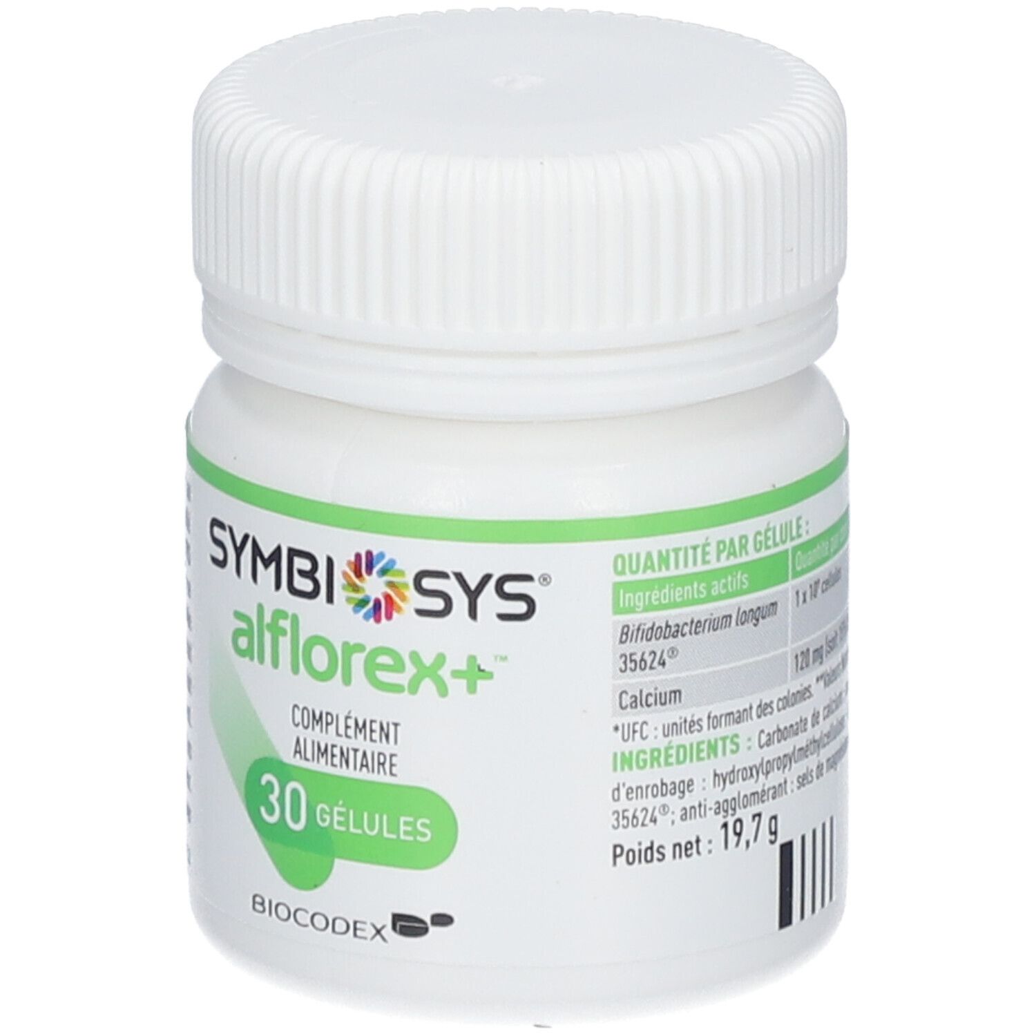Flacon blanc avec étiquette verte. Inscription : SYMBIOSYS Alflorex+, 30 gélules. Contient des informations sur les ingrédients et les valeurs nutritionnelles.