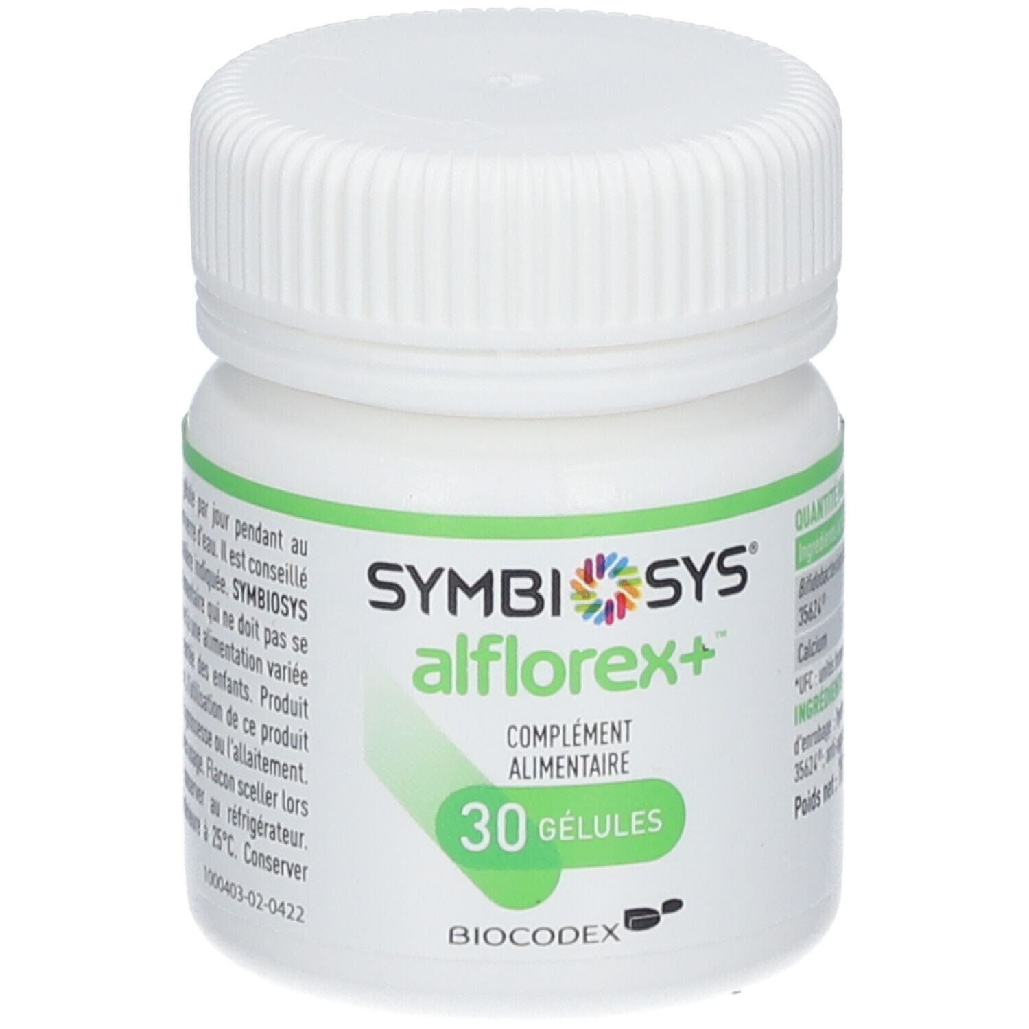 Flacon blanc avec étiquette verte. Inscription : SYMBIOSYS Alflorex+, 30 gélules. Contient des informations sur les ingrédients et les valeurs nutritionnelles.