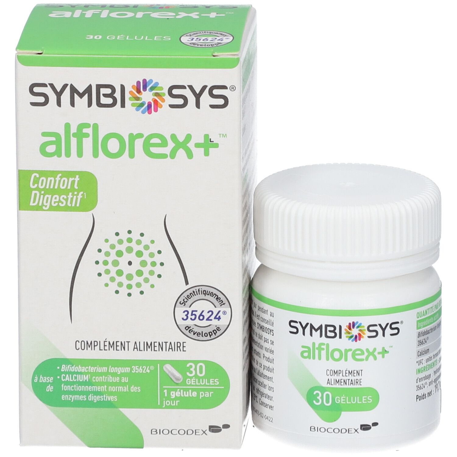 Emballage du produit avec flacon. SYMBIOSYS Alflorex+ et 30 gélules. Emballage vert et blanc avec informations sur le produit.
