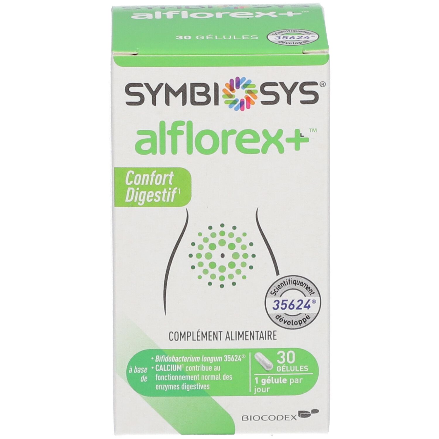 Emballage du produit vert et blanc. Inscription : SYMBIOSYS Alflorex+, 30 gélules. Contient des informations sur le produit et son utilisation.