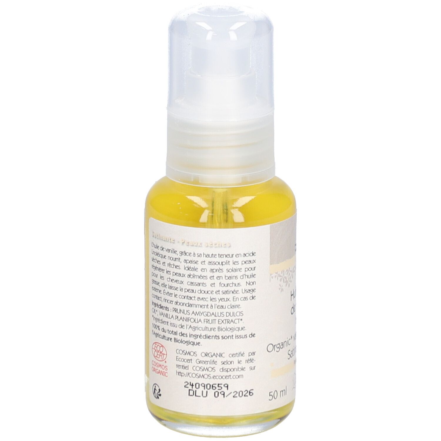Vue arrière du flacon d'huile. Texte: Huile de vanille de Madagascar biologique. 50 ml. Certification COSMOS ORGANIC.