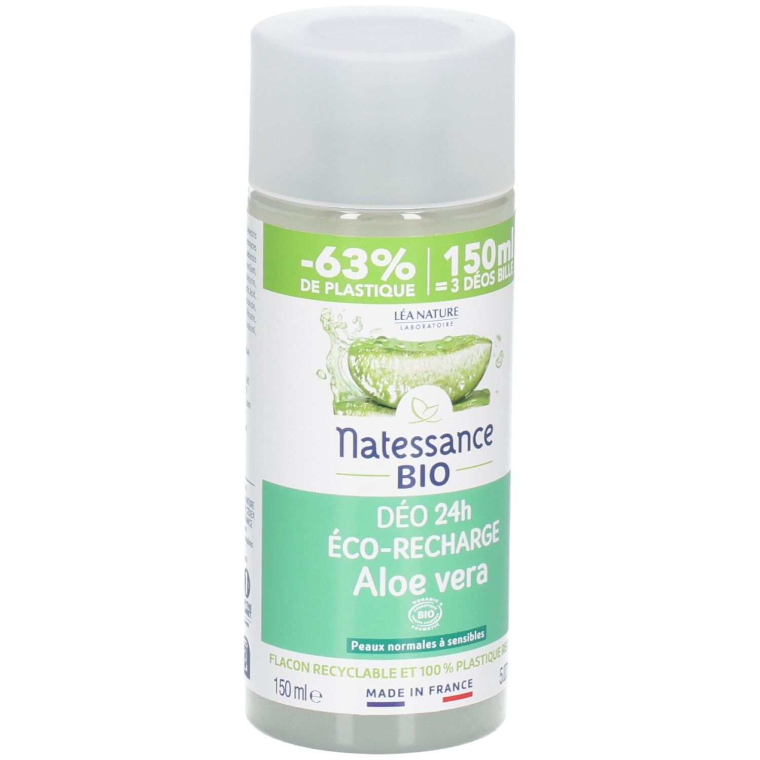 Roll-on déodorant NATESSANCE BIO, Aloe vera. Flacon blanc, étiquette verte. Contient 150 ml. Recyclable.