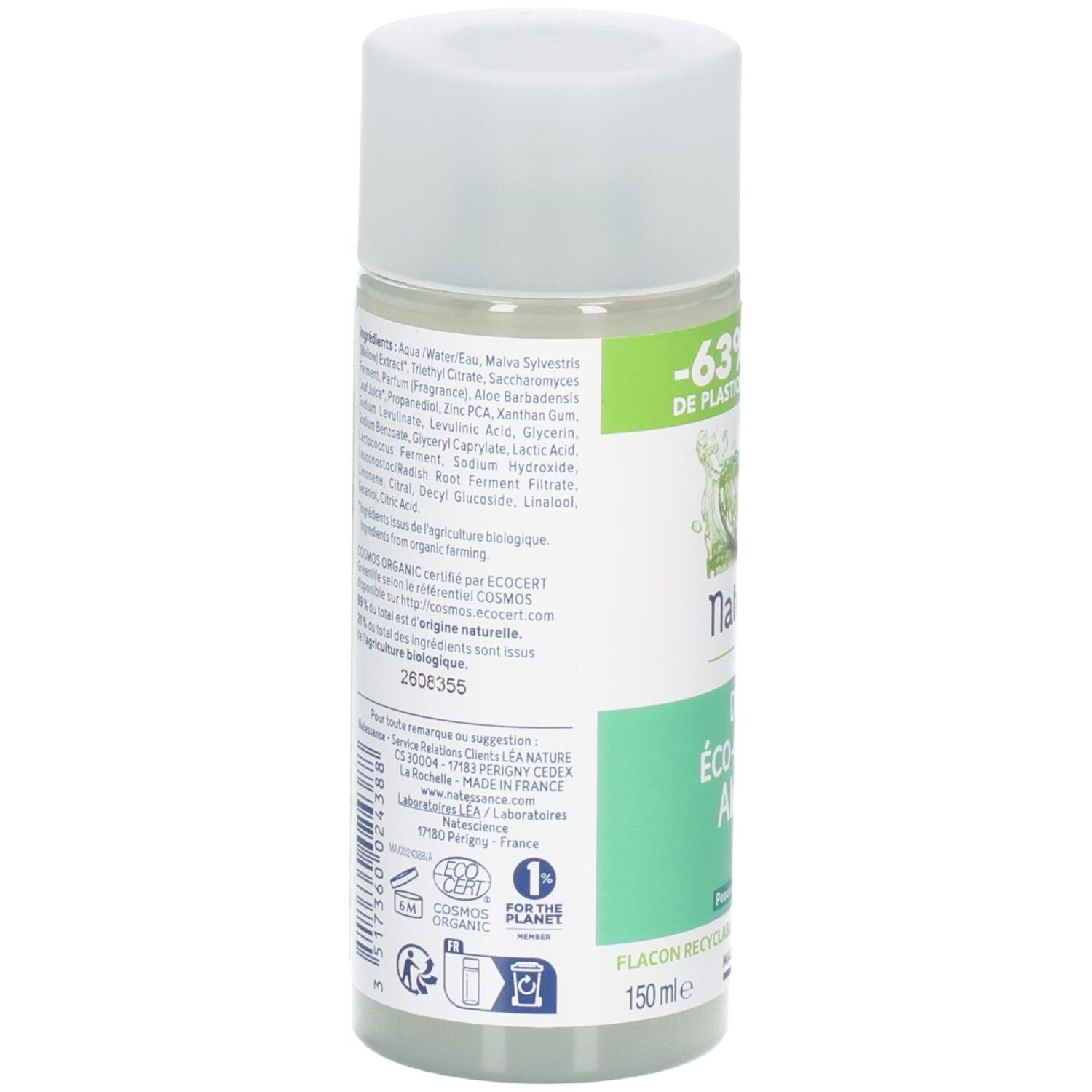 Dos du flacon de déodorant roll-on. Ingrédients et certifications. Flacon recyclable.