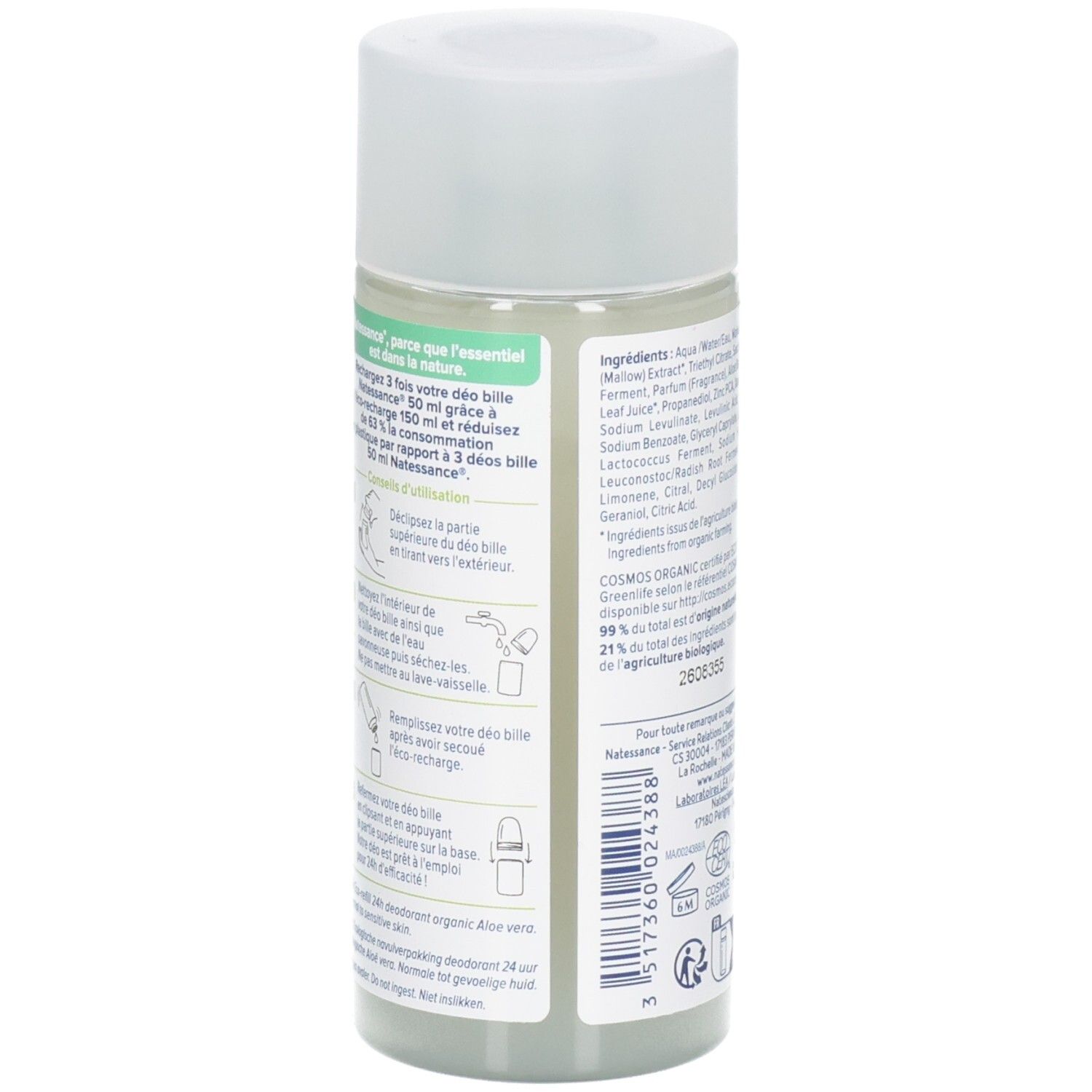 Dos du flacon de déodorant roll-on. Contient ingrédients et instructions. Flacon recyclable.