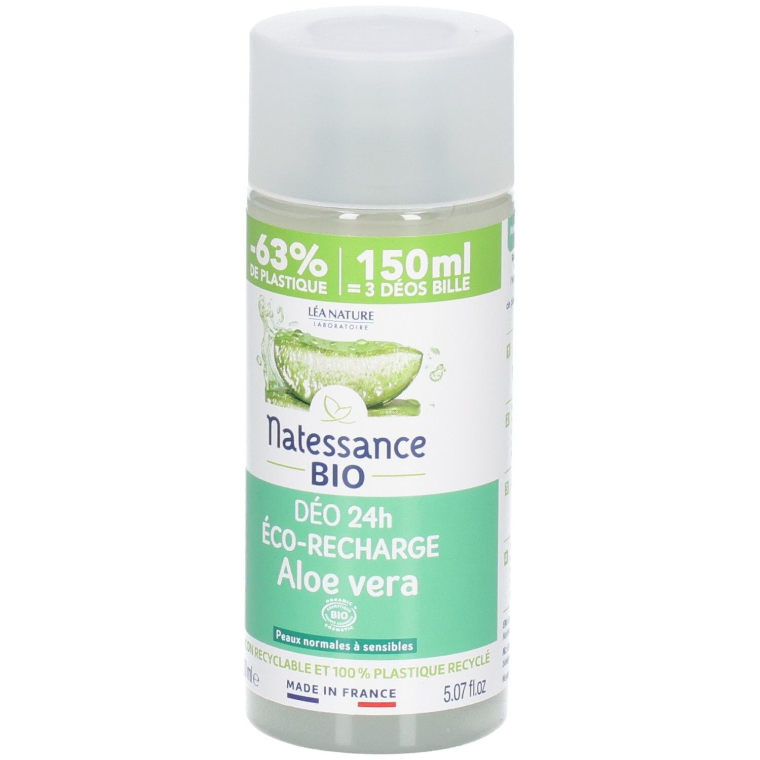 Roll-on déodorant NATESSANCE BIO, Aloe vera. Flacon blanc, étiquette verte. Contient 150 ml. Recyclable.