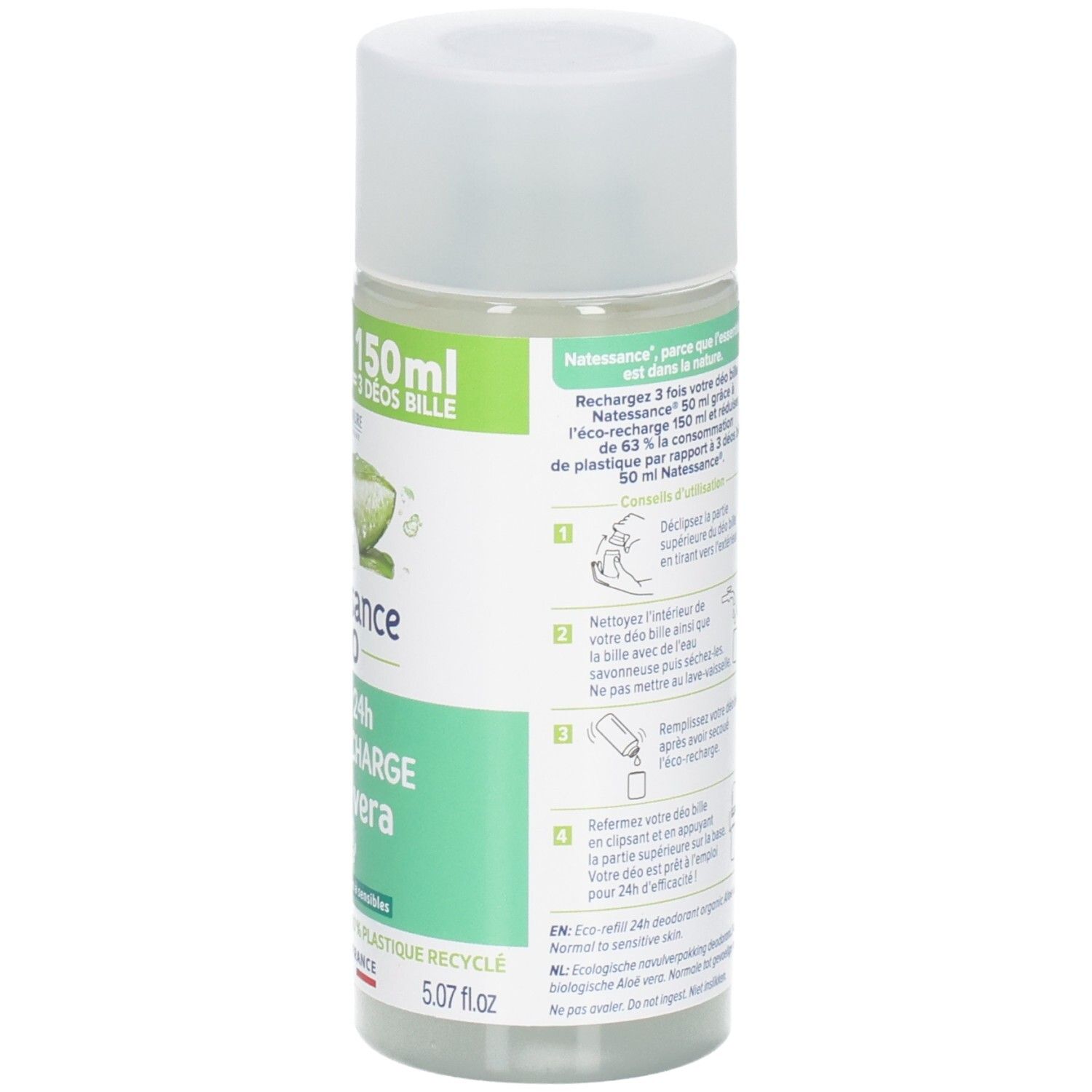 Dos du flacon de déodorant roll-on. Contient instructions et informations. Flacon recyclable.