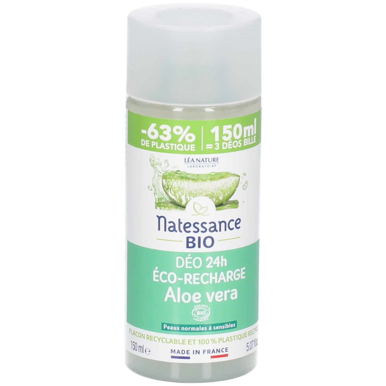 Roll-on déodorant NATESSANCE BIO, Aloe vera. Flacon blanc, étiquette verte. Contient 150 ml. Recyclable.