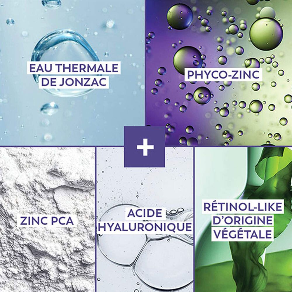 Collage avec ingrédients: Eau Thermale de Jonzac, Phyco-Zinc, Zinc PCA, Acide Hyaluronique, Rétinol-like d'origine végétale.