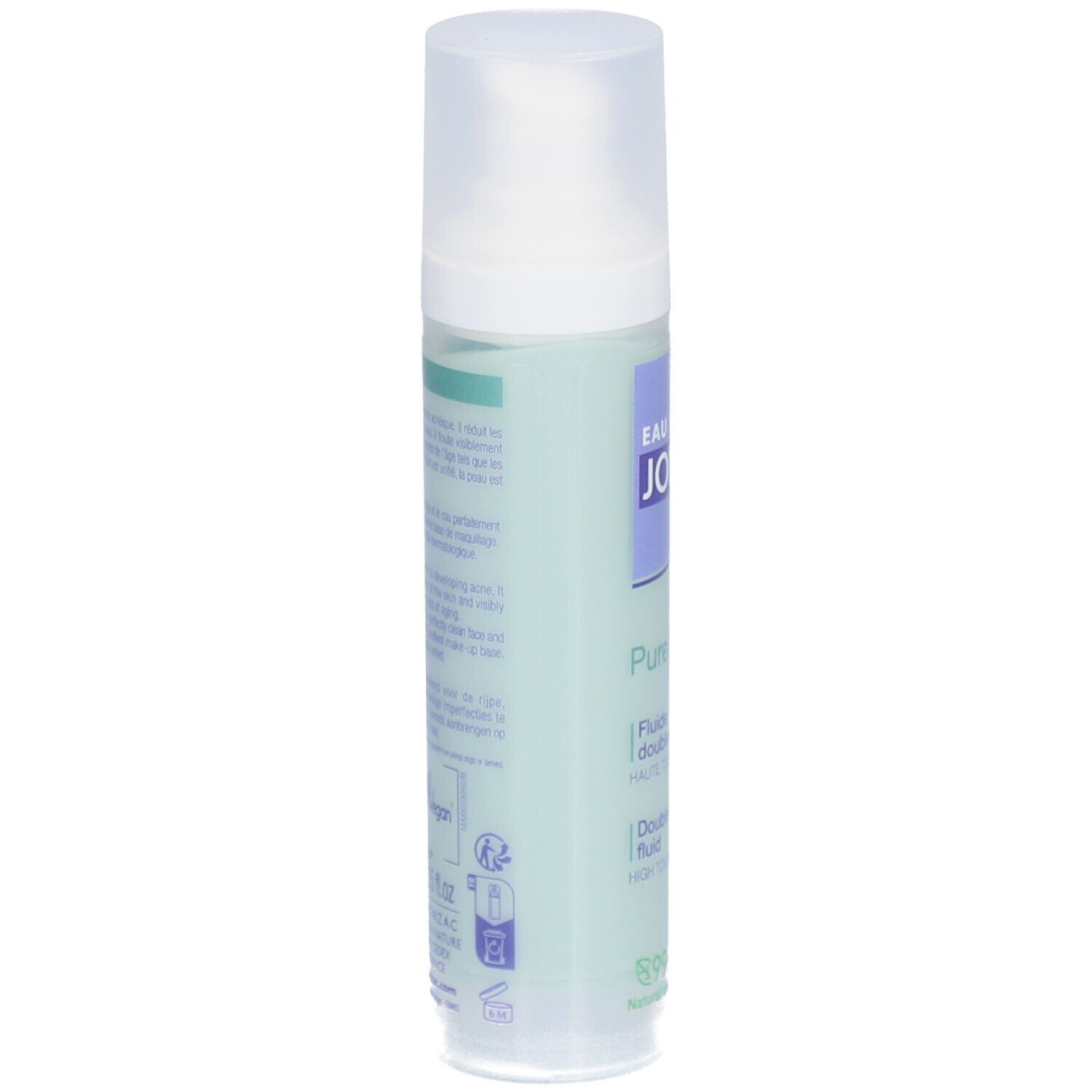 Flacon Jonzac Pure Age. Inscription: Eau Thermale Jonzac, Pure Age, 99% d'origine naturelle. Vert clair.