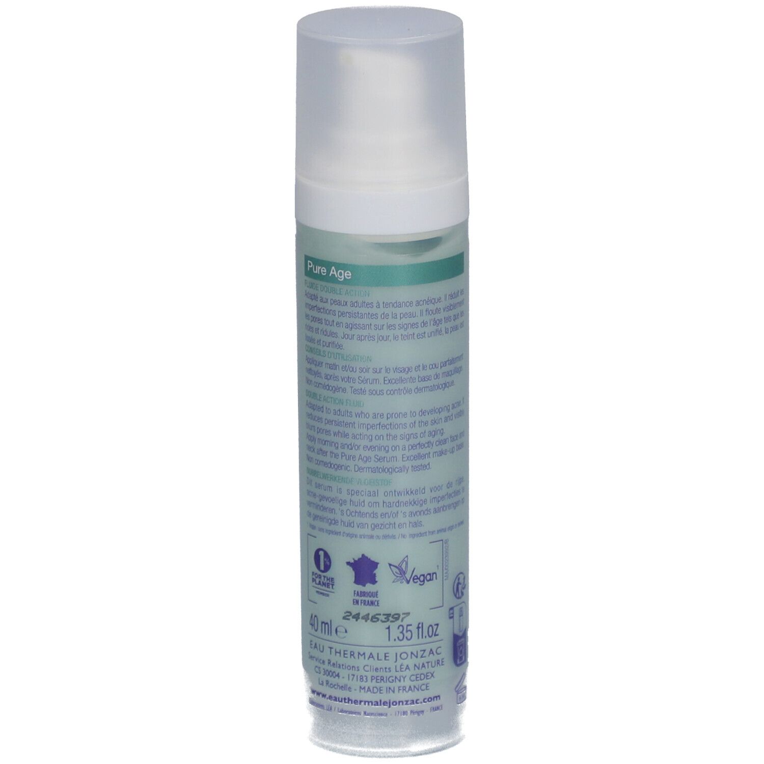 Flacon Jonzac Pure Age. Inscription: Eau Thermale Jonzac, Pure Age, 99% d'origine naturelle. Vert clair.