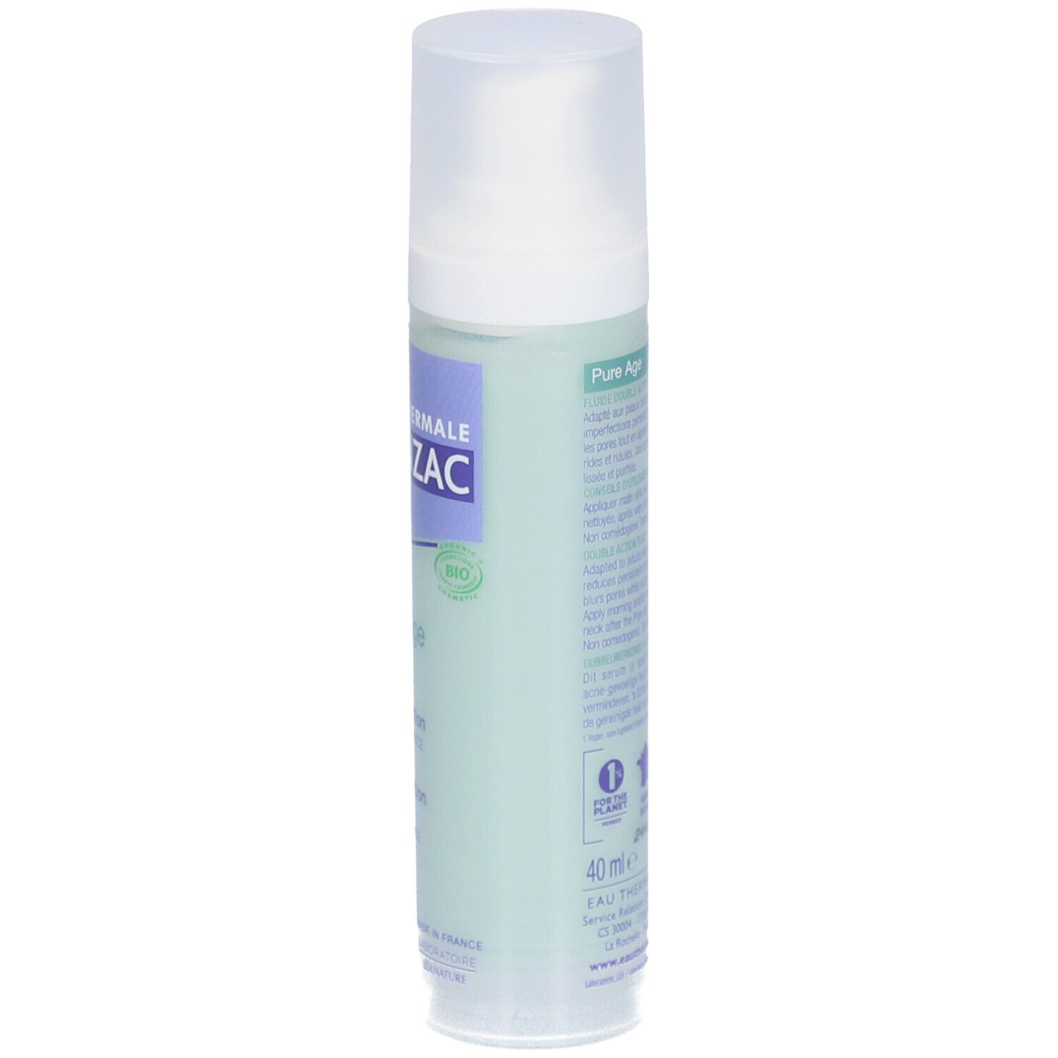 Flacon Jonzac Pure Age. Inscription: Eau Thermale Jonzac, Pure Age, 99% d'origine naturelle. Vert clair.