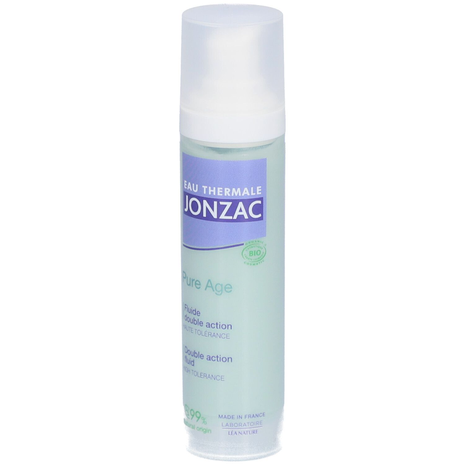 Flacon Jonzac Pure Age. Inscription: Eau Thermale Jonzac, Pure Age, 99% d'origine naturelle. Vert clair.