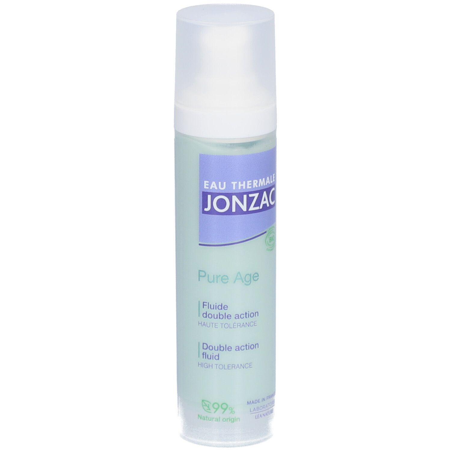 Flacon Jonzac Pure Age. Inscription: Eau Thermale Jonzac, Pure Age, 99% d'origine naturelle. Vert clair.