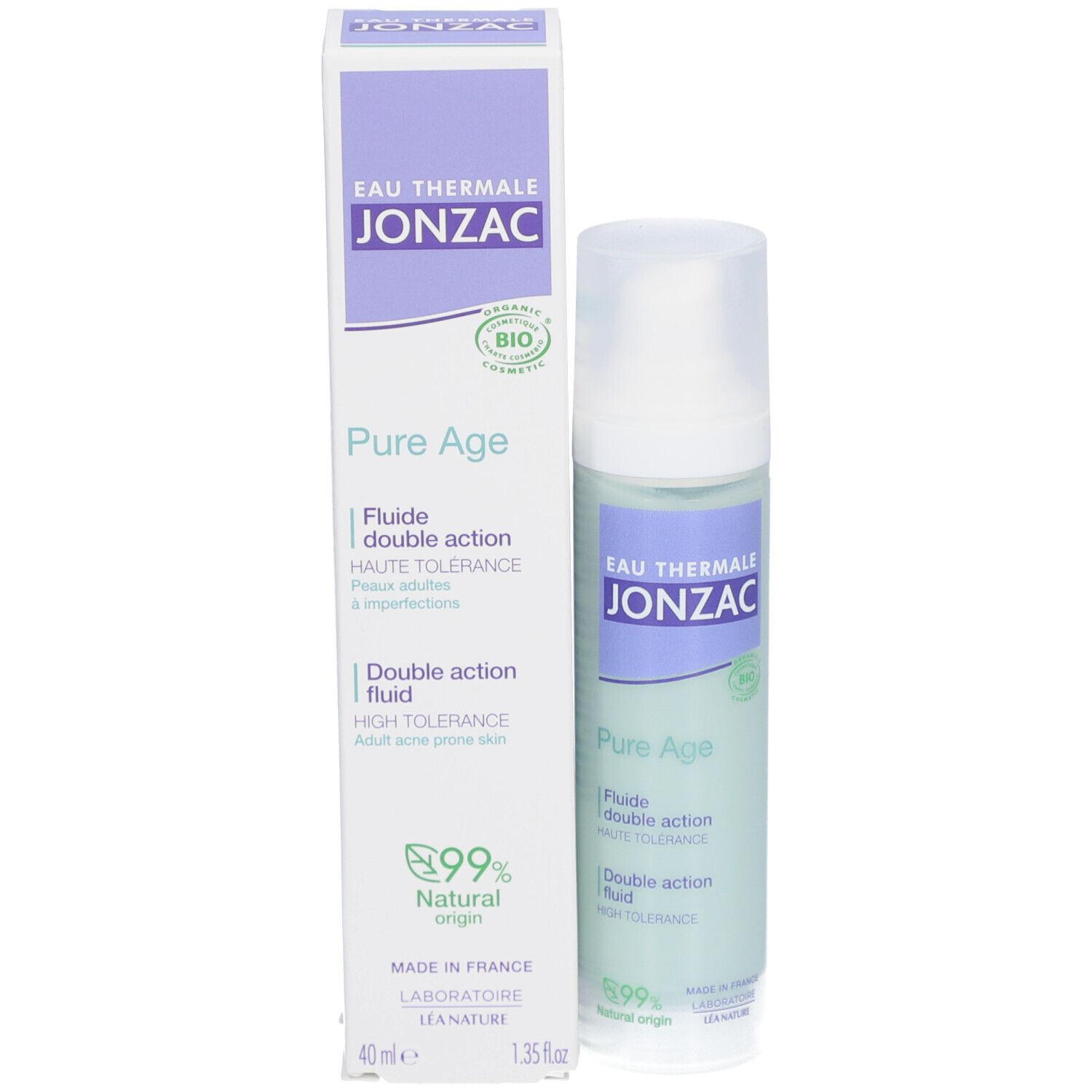 Flacon Jonzac Pure Age. Inscription: Eau Thermale Jonzac, Pure Age, 99% d'origine naturelle. Vert clair.