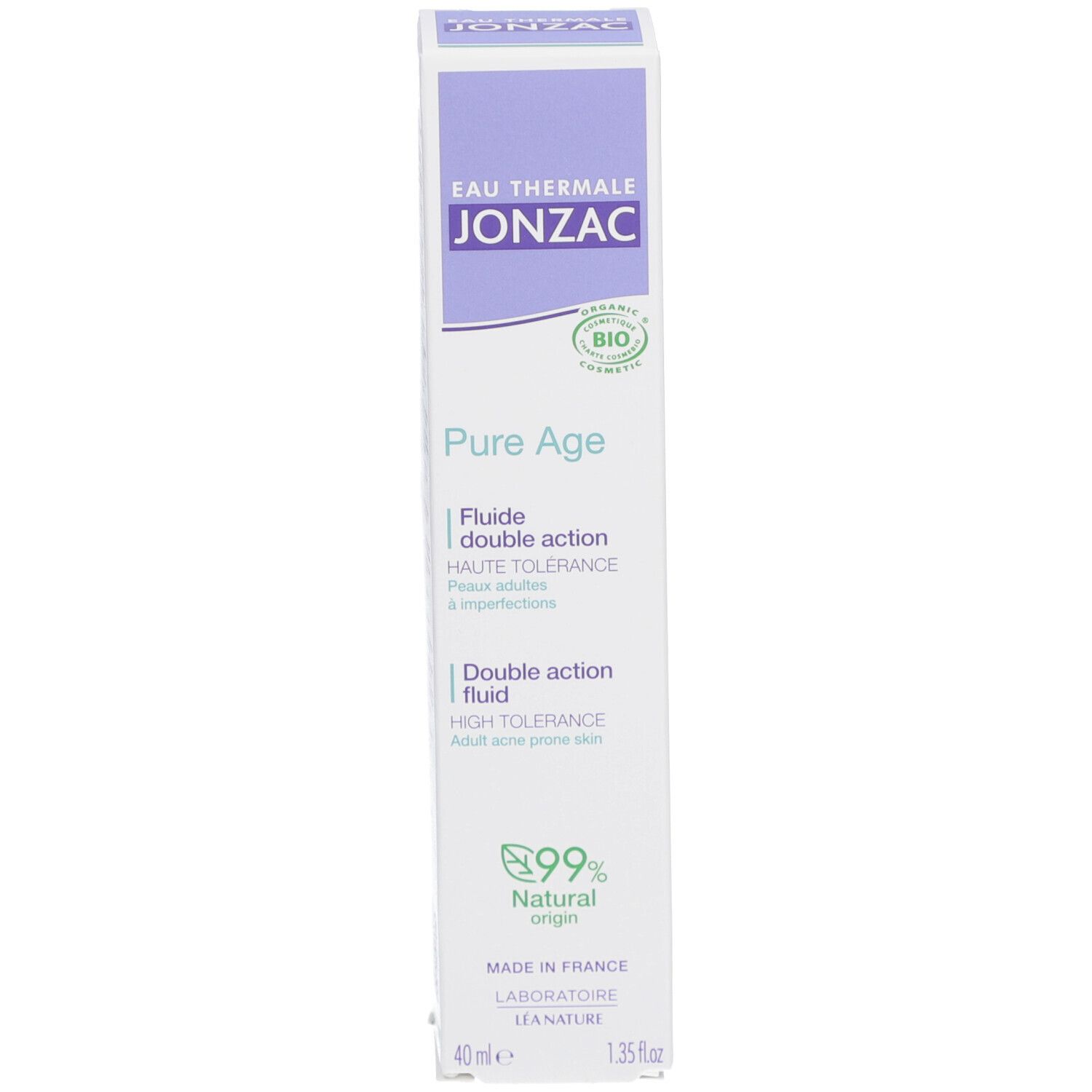 Flacon Jonzac Pure Age. Inscription: Eau Thermale Jonzac, Pure Age, 99% d'origine naturelle. Vert clair.