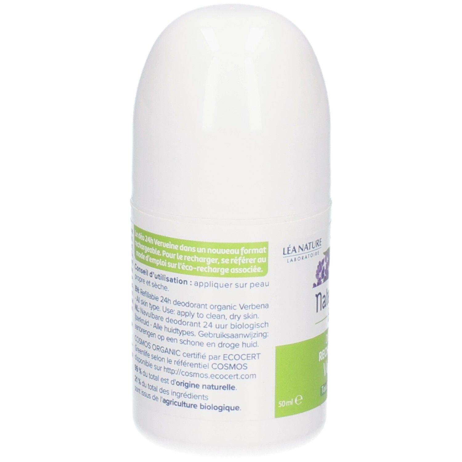 Dos du roll-on blanc. Texte: conseils d'utilisation, ingrédients, certification COSMOS ORGANIC.