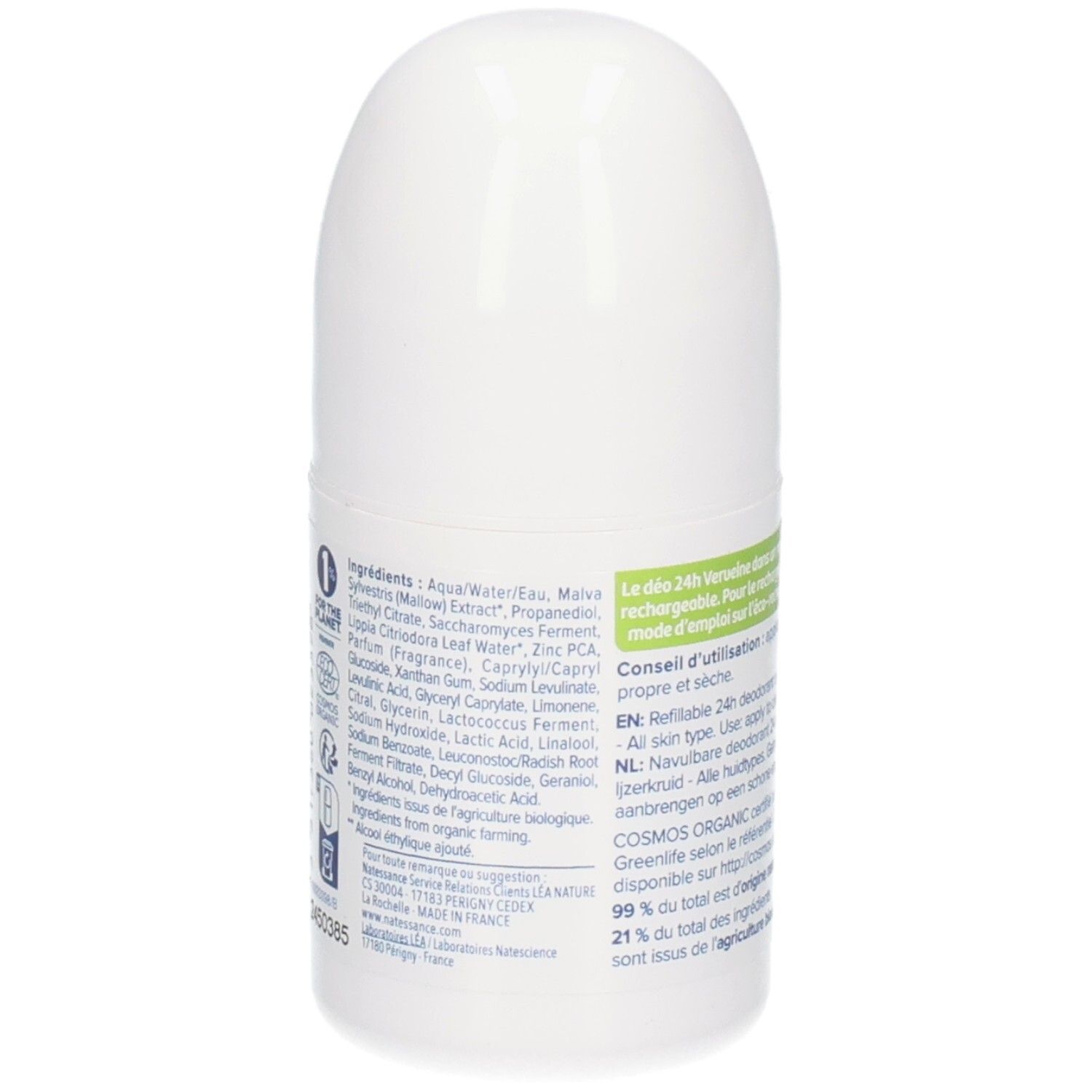 Dos du roll-on blanc. Texte: ingrédients, certification COSMOS ORGANIC, origine.