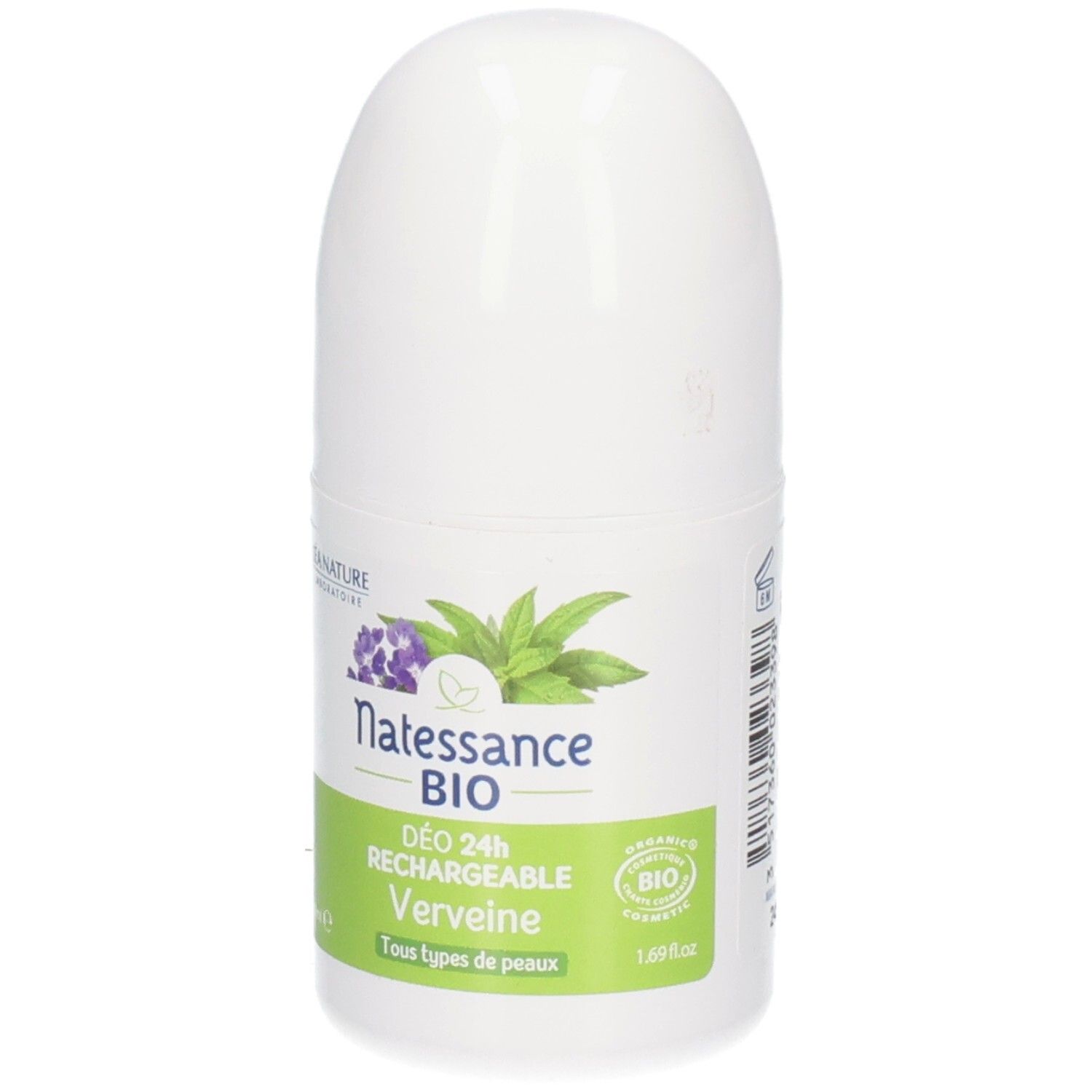 Roll-on blanc. Inscription: Natessance BIO, DÉO 24H RECHARGEABLE Verveine. Pour tous types de peaux.