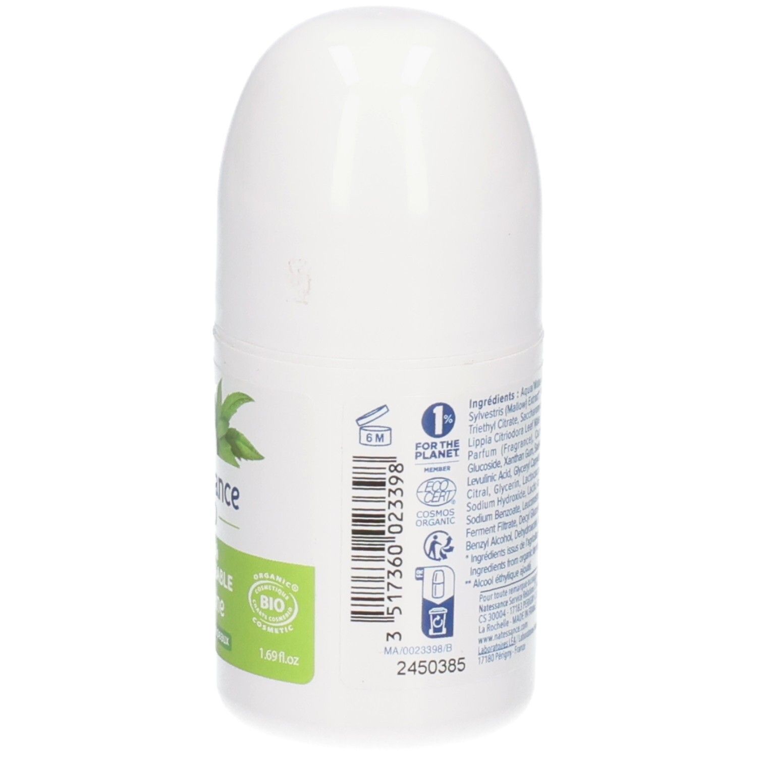 Dos du roll-on blanc. Texte: ingrédients, code-barres, certification COSMOS ORGANIC.