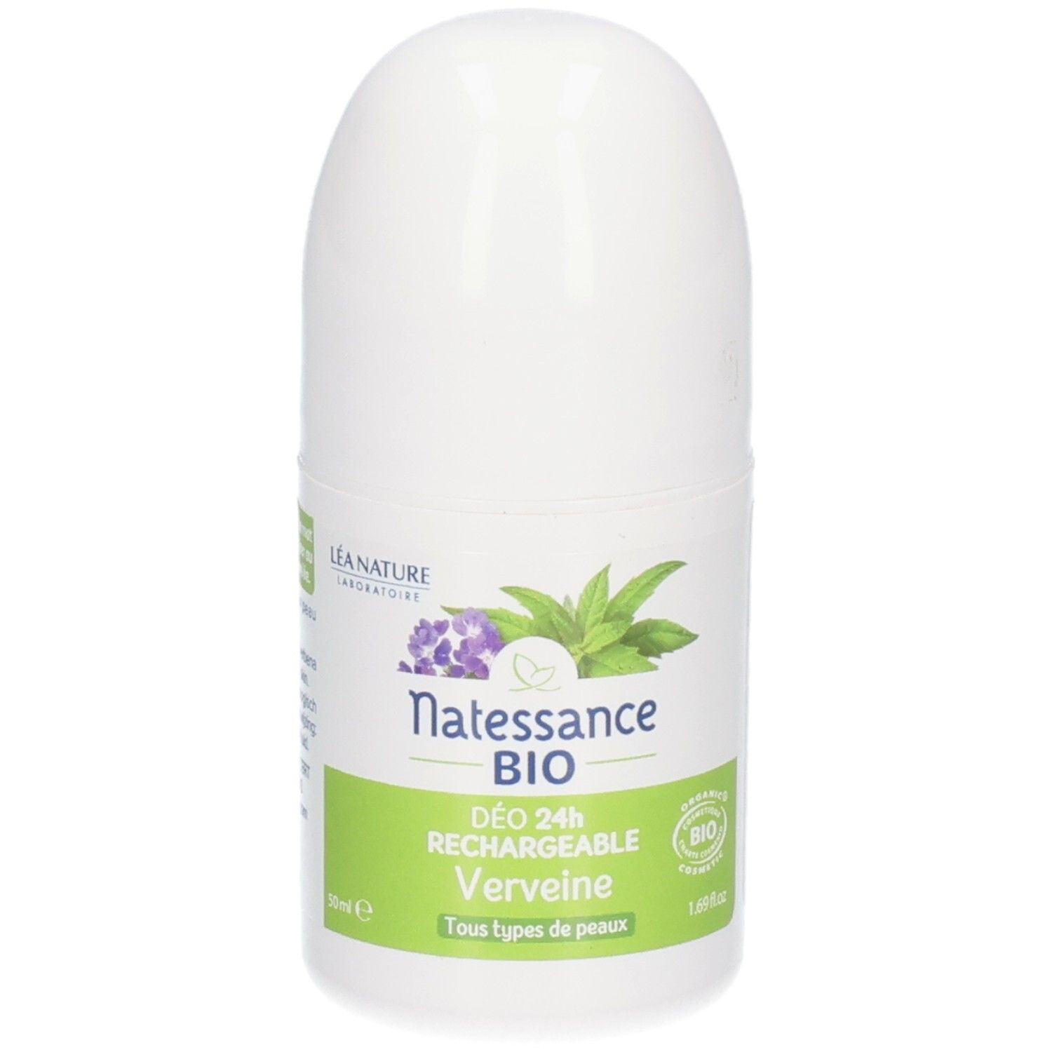 Roll-on blanc. Inscription: Natessance BIO, DÉO 24H RECHARGEABLE Verveine. Pour tous types de peaux.