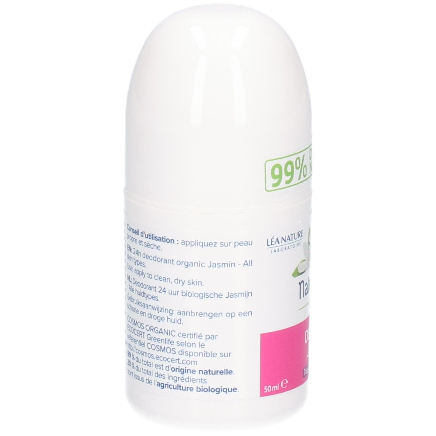 Roll-on blanc. Inscription: 99% d'origine naturelle. Texte sur l'utilisation et les ingrédients. Certifié COSMOS ORGANIC.
