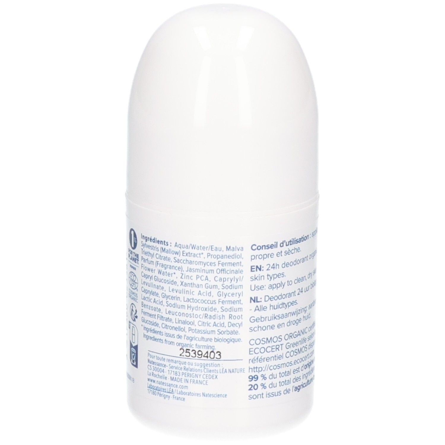 Roll-on blanc. Dos avec ingrédients et instructions d'utilisation. Certifié COSMOS ORGANIC.