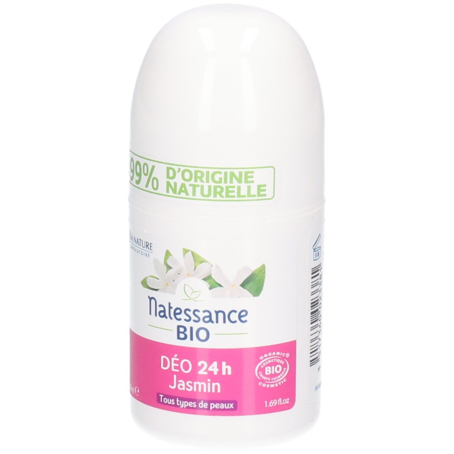Roll-on blanc. Inscription: Natessance BIO, DÉO 24 h Jasmin. 99% d'origine naturelle. Certification BIO.