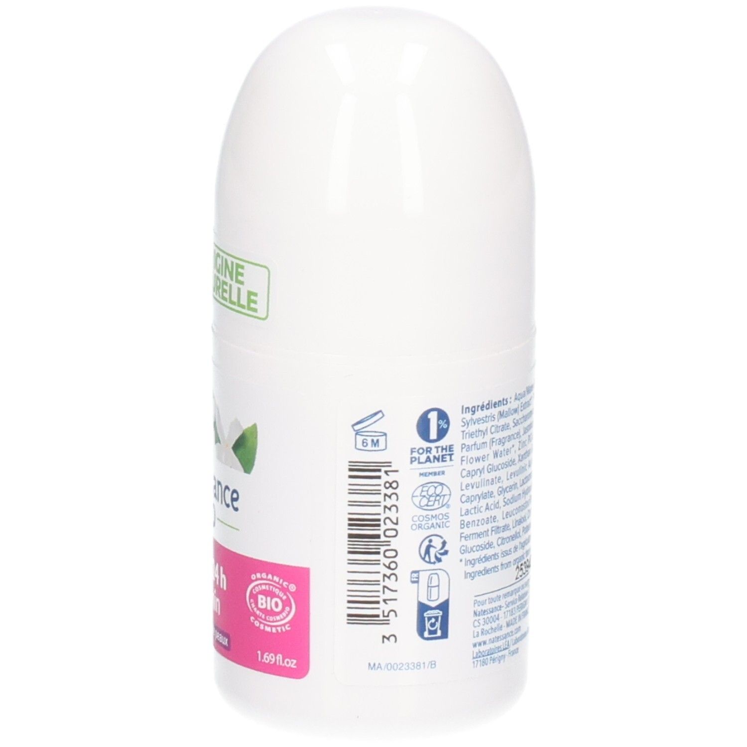Roll-on blanc. Inscription: Natessance BIO, DÉO 24 h Jasmin. 1.69 fl oz. Code-barres et ingrédients.