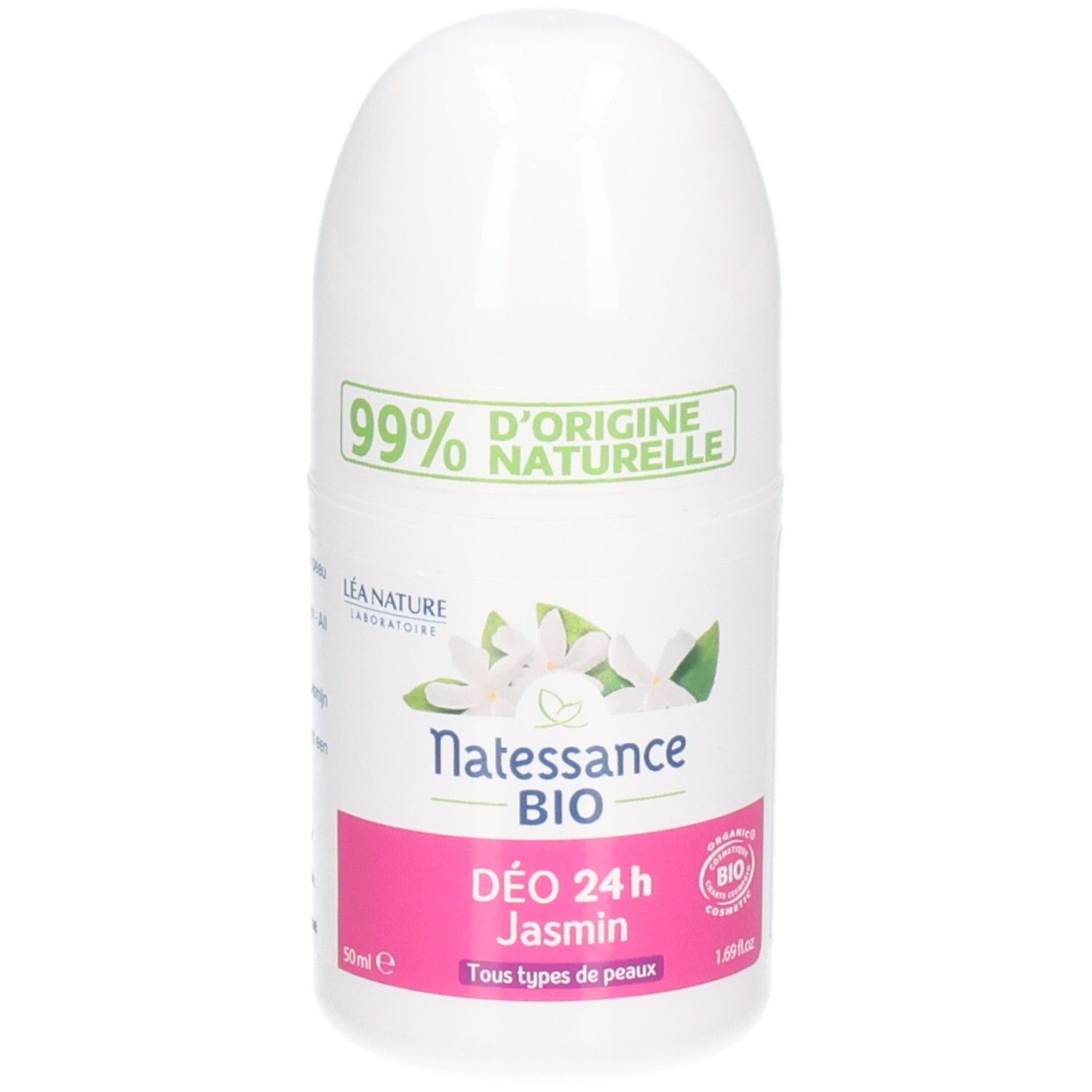 Roll-on blanc. Inscription: Natessance BIO, DÉO 24 h Jasmin. Certification BIO. 1.69 fl oz.