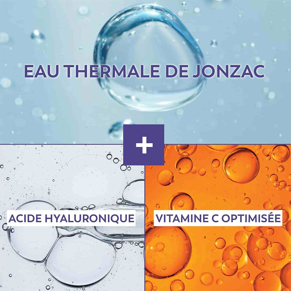 Image montrant de l'eau, de l'acide hyaluronique et de la vitamine C. Texte: Eau Thermale de Jonzac, Acide Hyaluronique, Vitamine C optimisée.