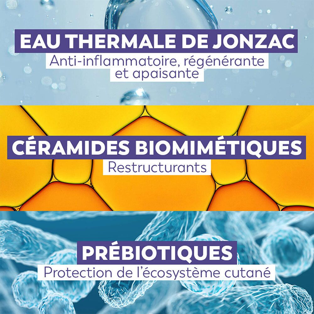Trois barres colorées avec texte. Eau Thermale de Jonzac, Céramides biomimétiques, Prébiotiques. Fond avec eau et bulles.